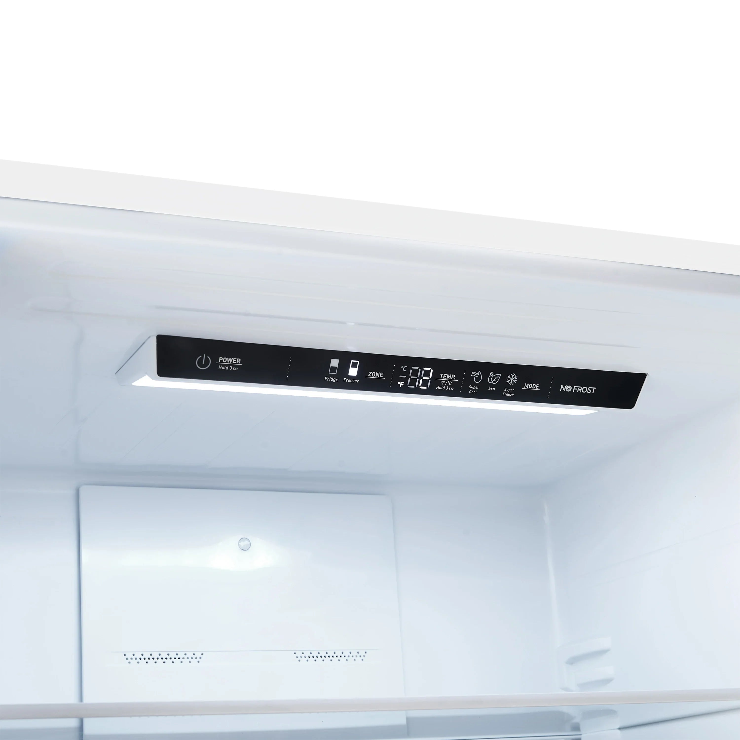 Refrigerator interior control panel with icons and lights