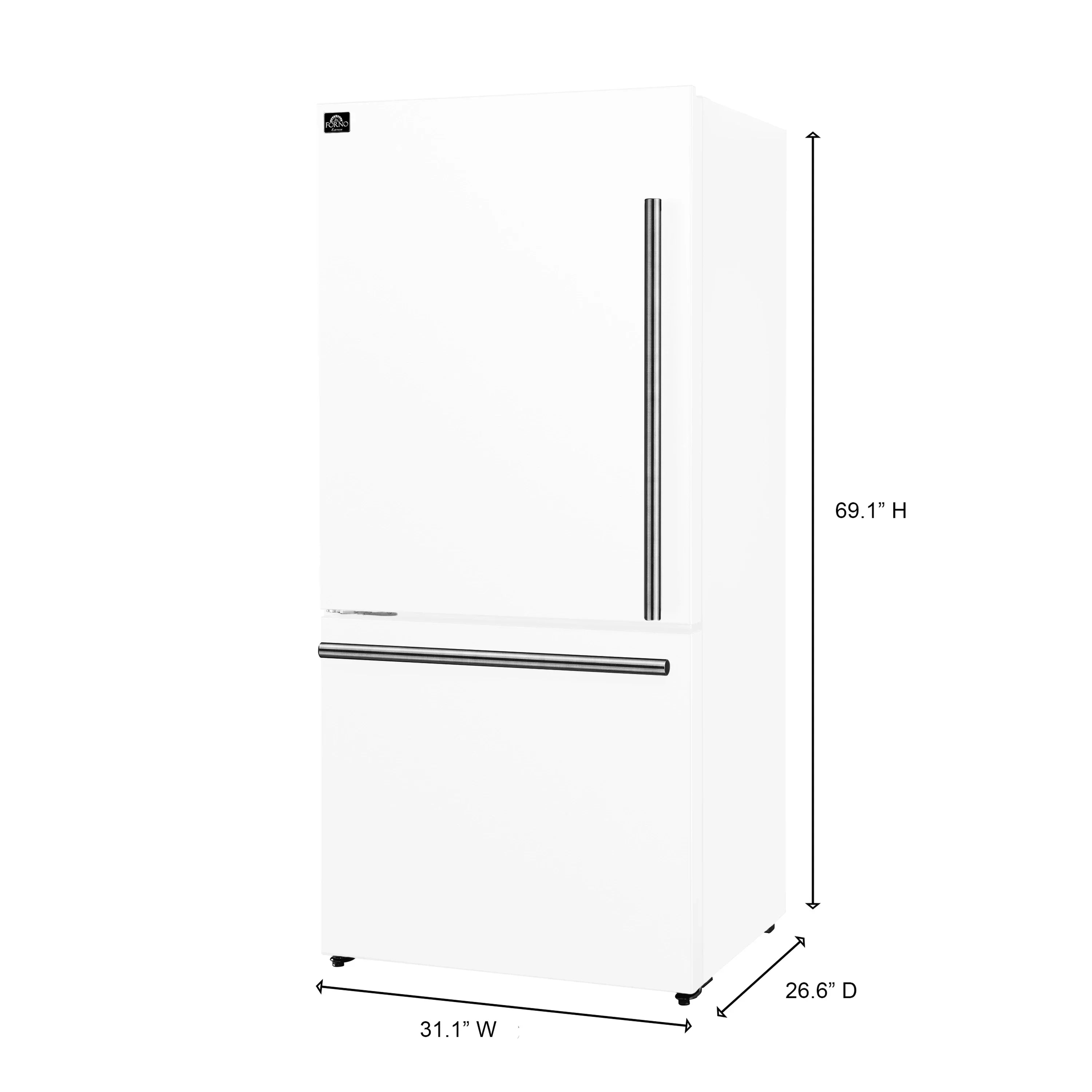 White refrigerator with vertical handle and left-hinge door, side view