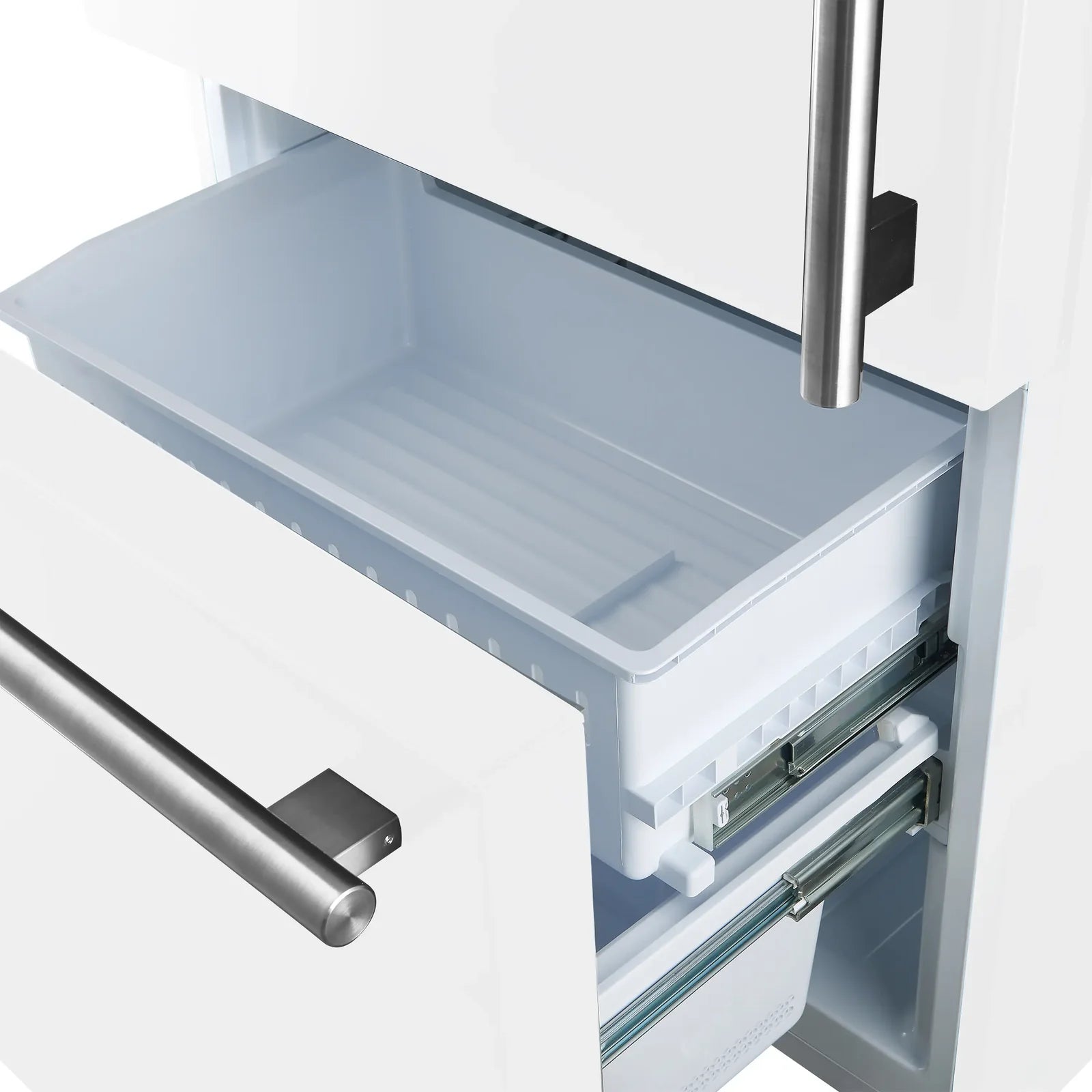 Open refrigerator freezer drawer with glass shelf and stainless steel handle