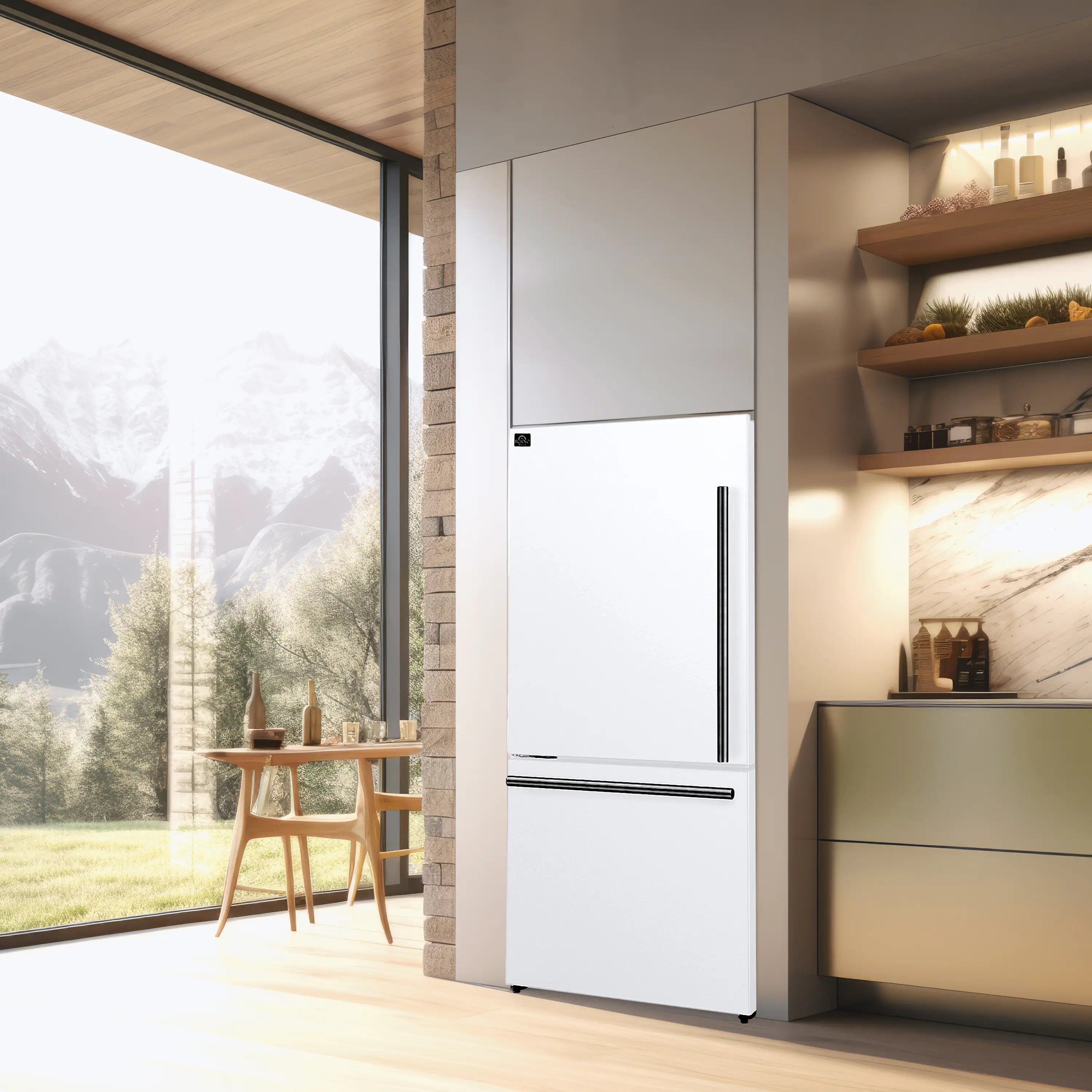 White refrigerator with stainless handle standing in kitchen