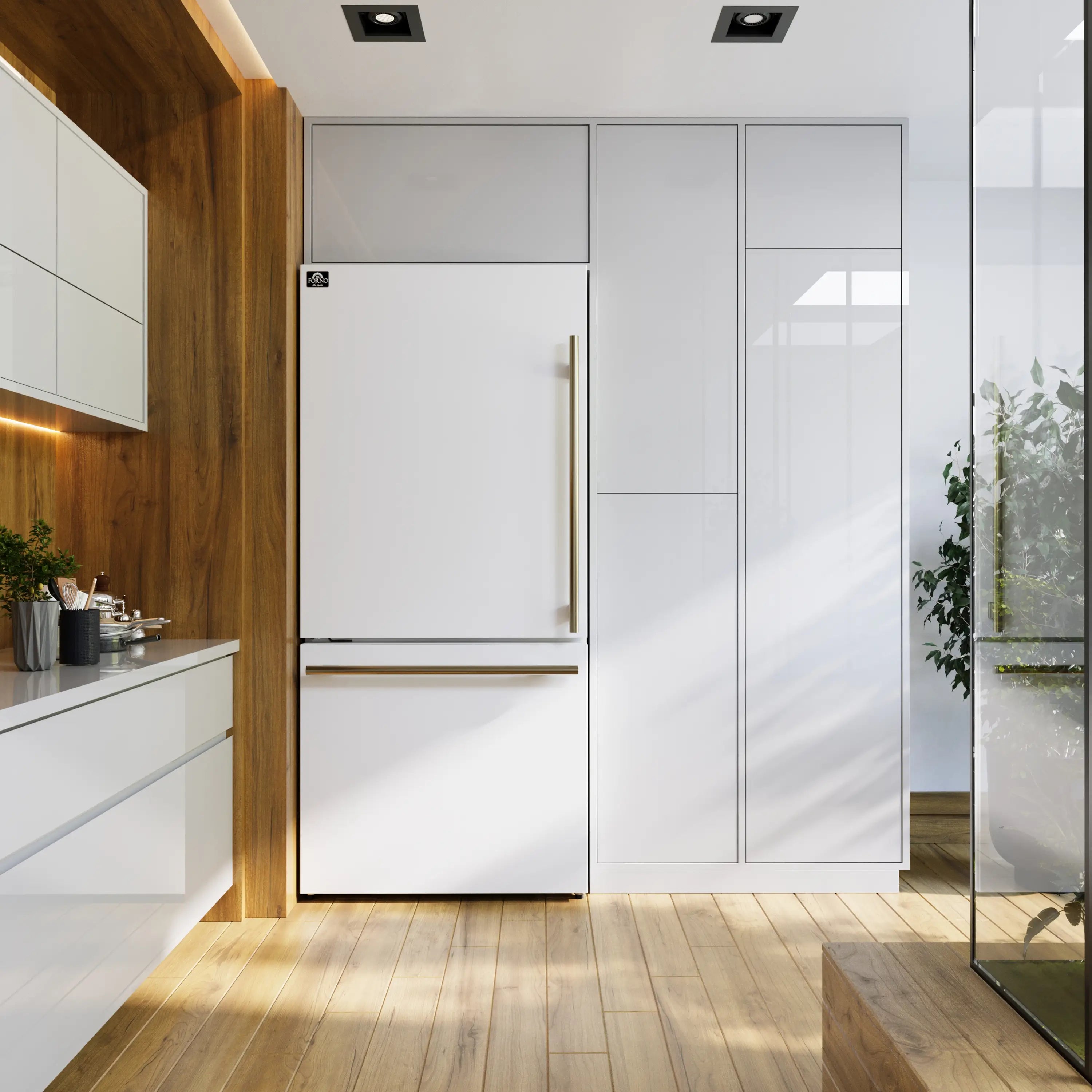 White refrigerator with freezer beneath, built-in installation in modern kitchen