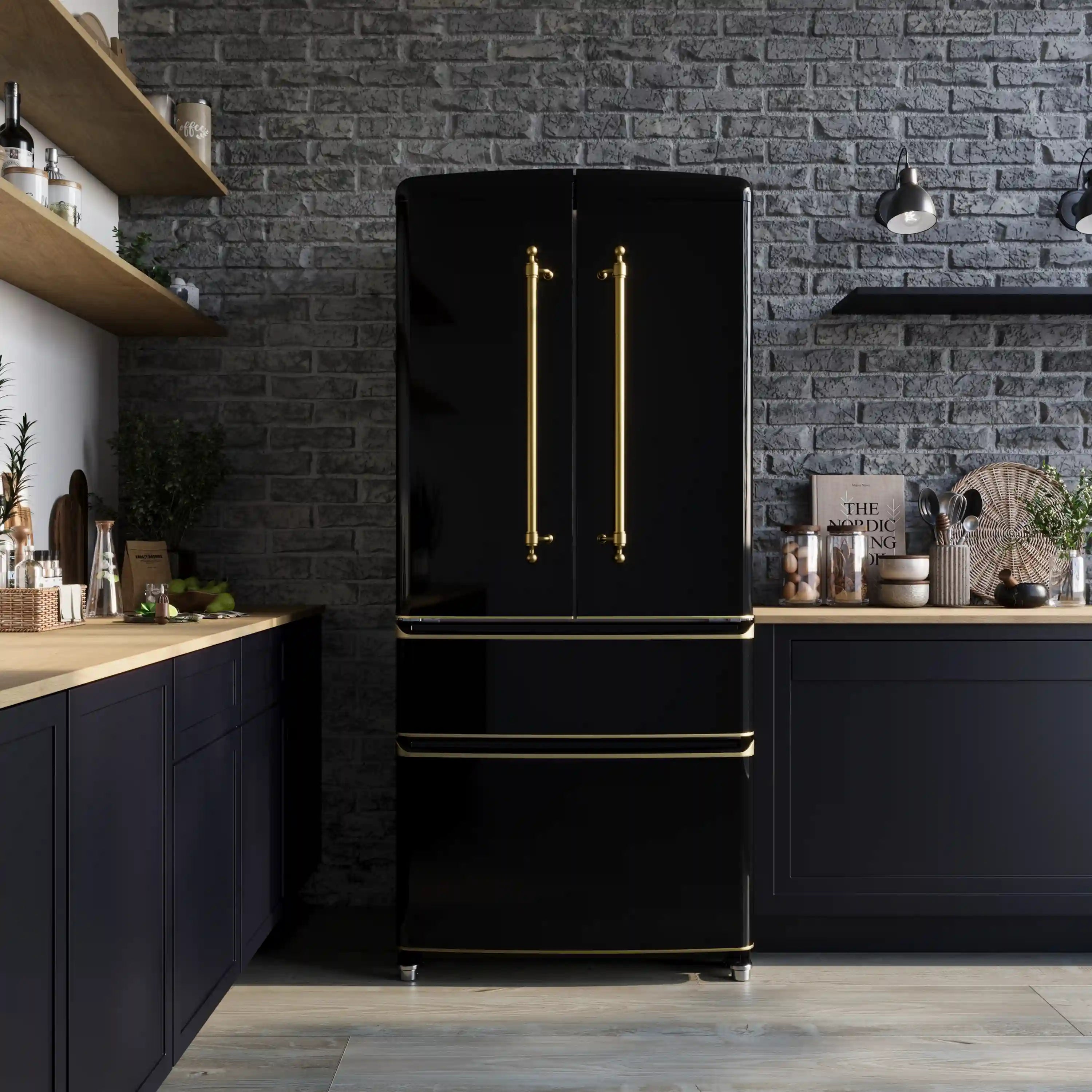Black French door refrigerator with antique brass vertical handles and bottom freezer