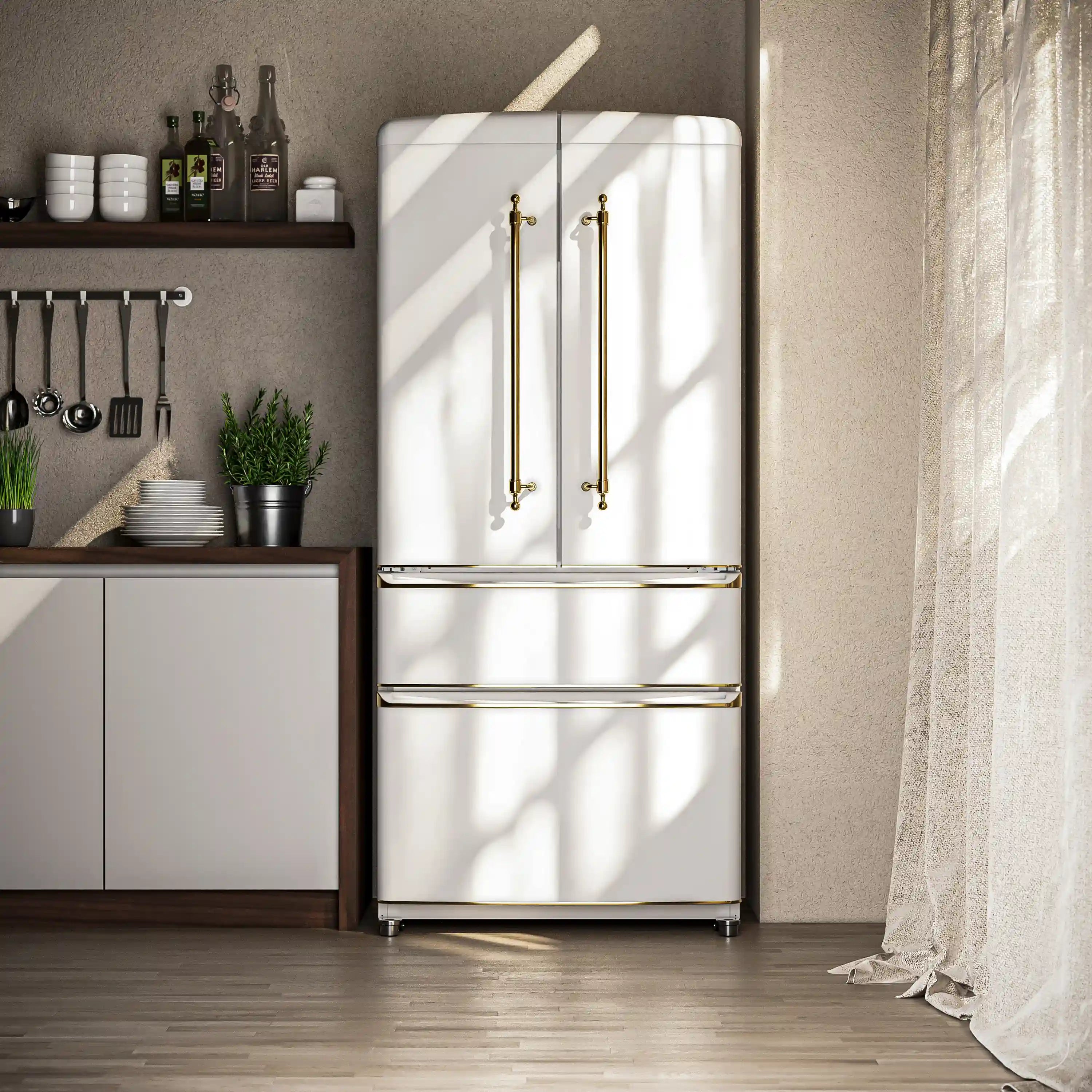 White French-door refrigerator in full view with antique brass handles