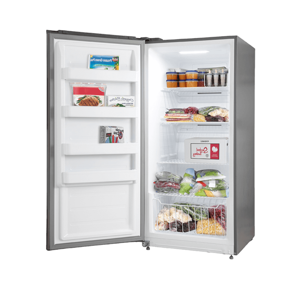 Refrigerator-freezer with door open and stocked interior shelves, bins, and racks