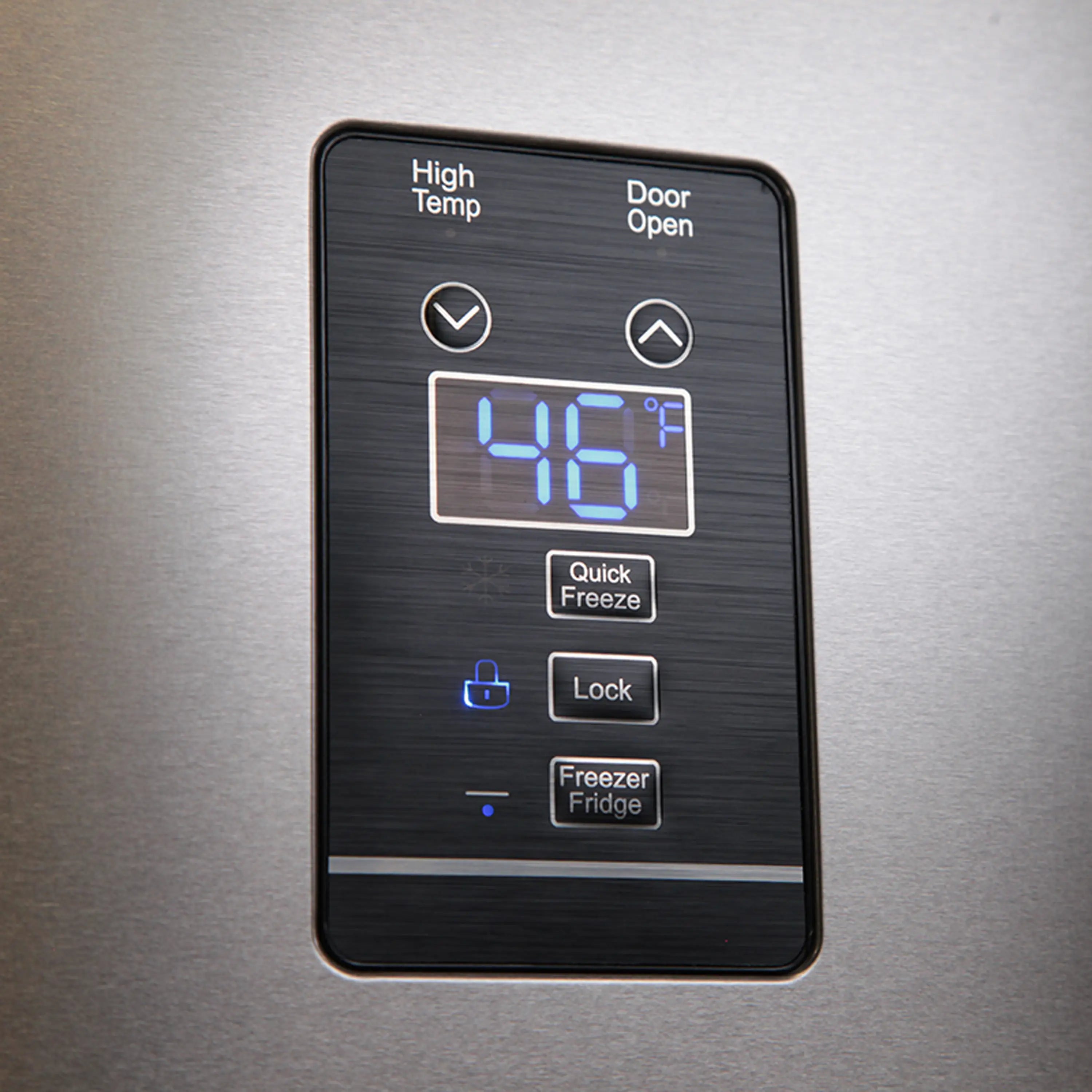 Stainless steel convertible refrigerator/freezer control panel with High Temp and Door Open