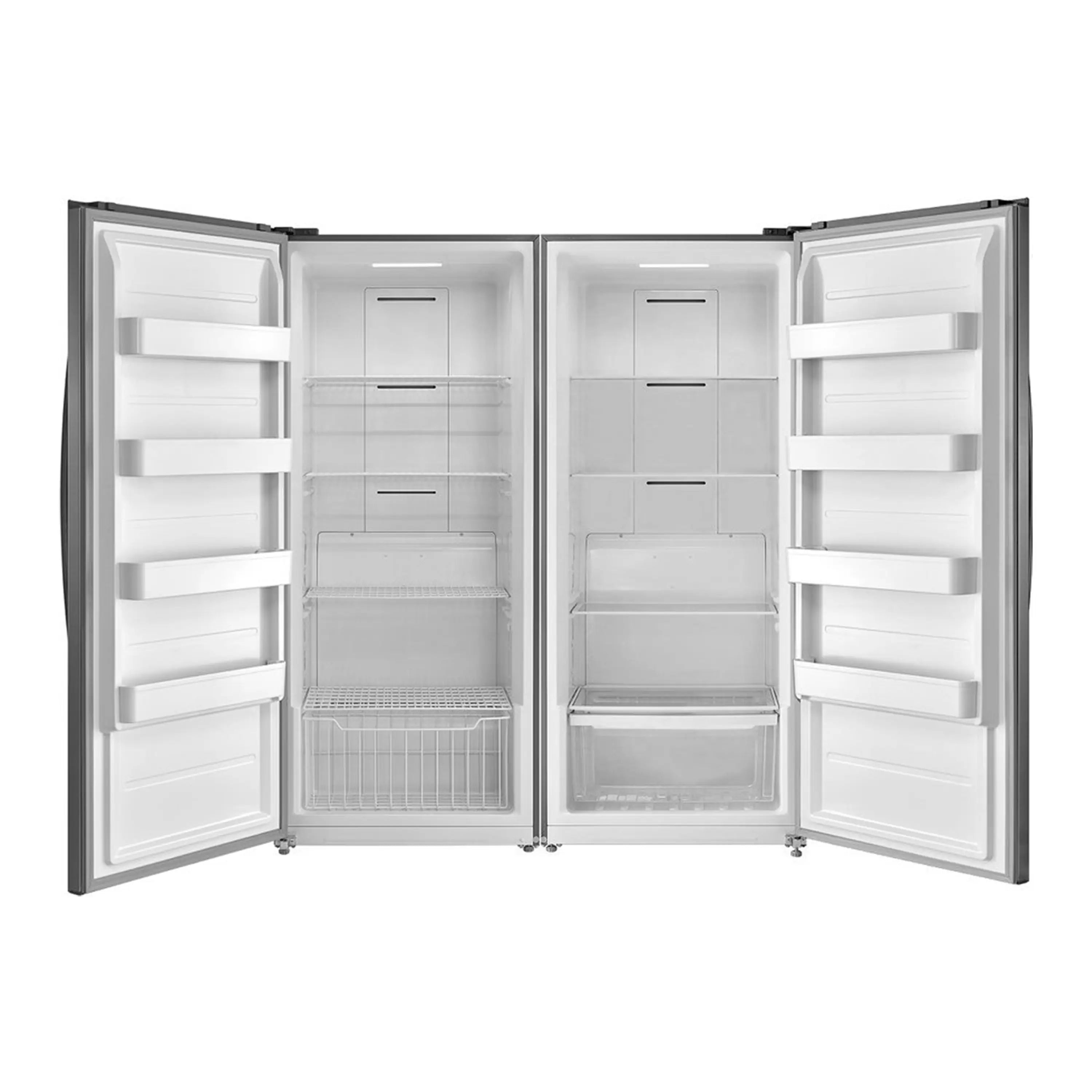 Convertible refrigerator/freezer with both doors open, white interior shelves and drawers