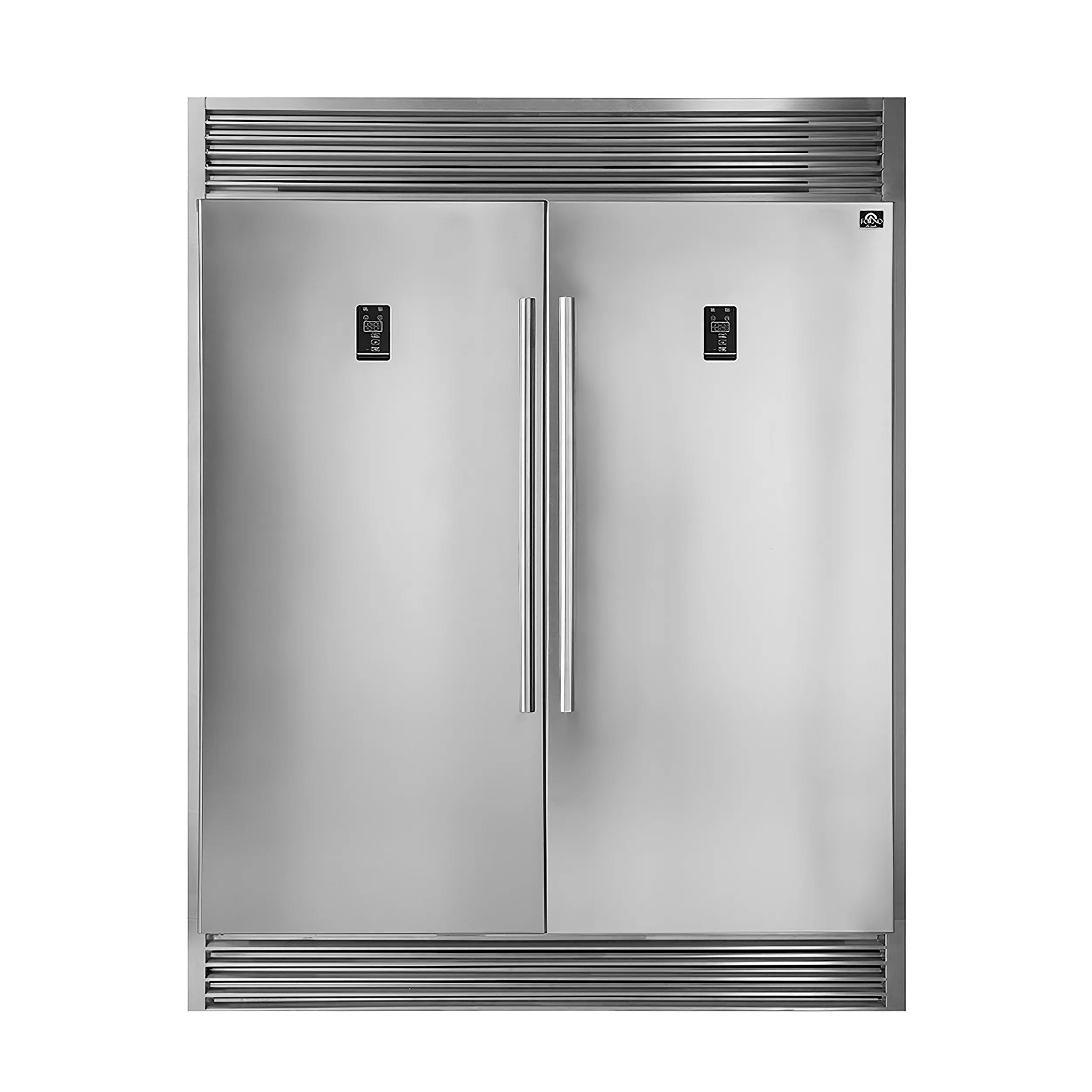 Stainless steel convertible refrigerator/freezer front with grille trim and twin vertical handles