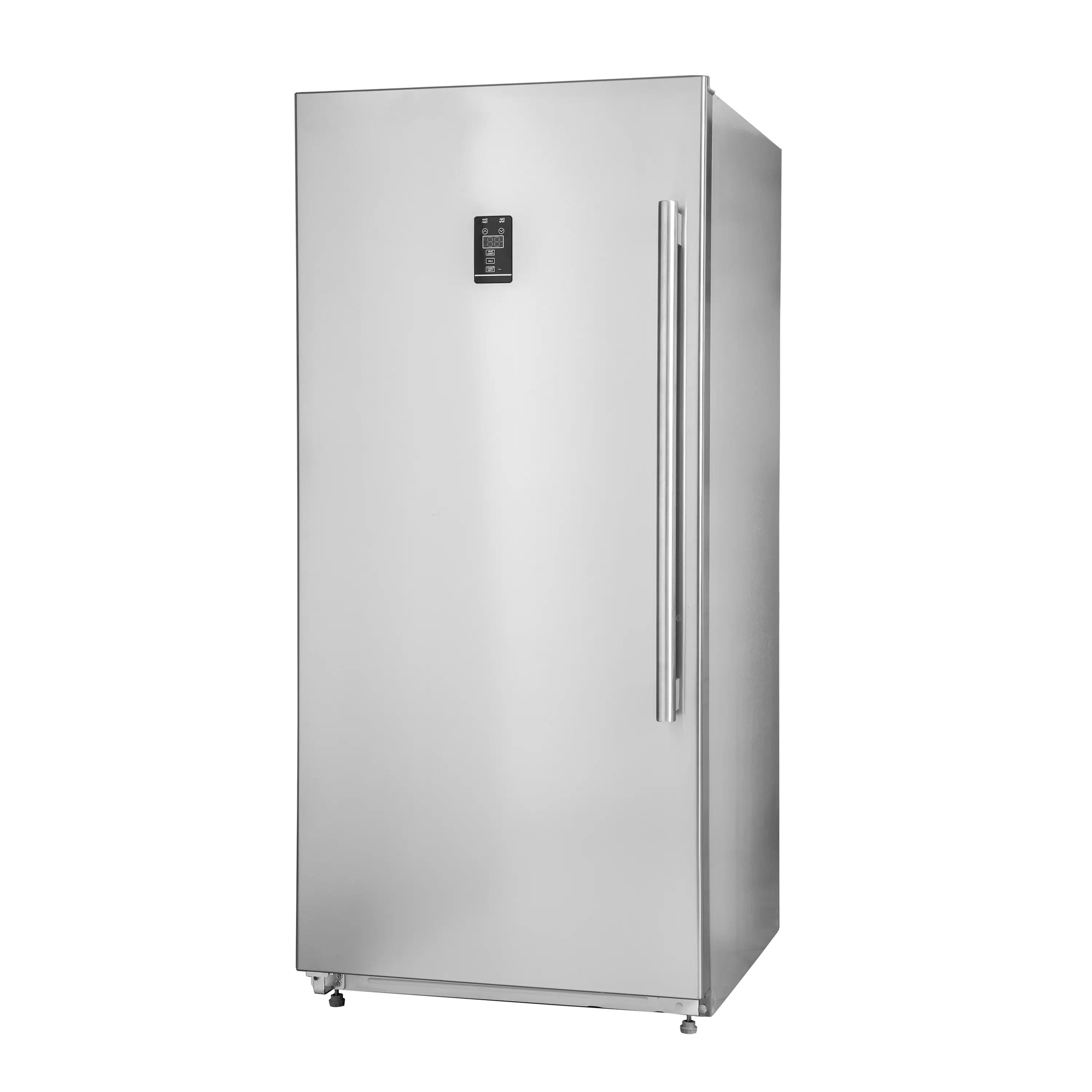 Stainless steel convertible refrigerator/freezer with twin vertical handles and black control panel