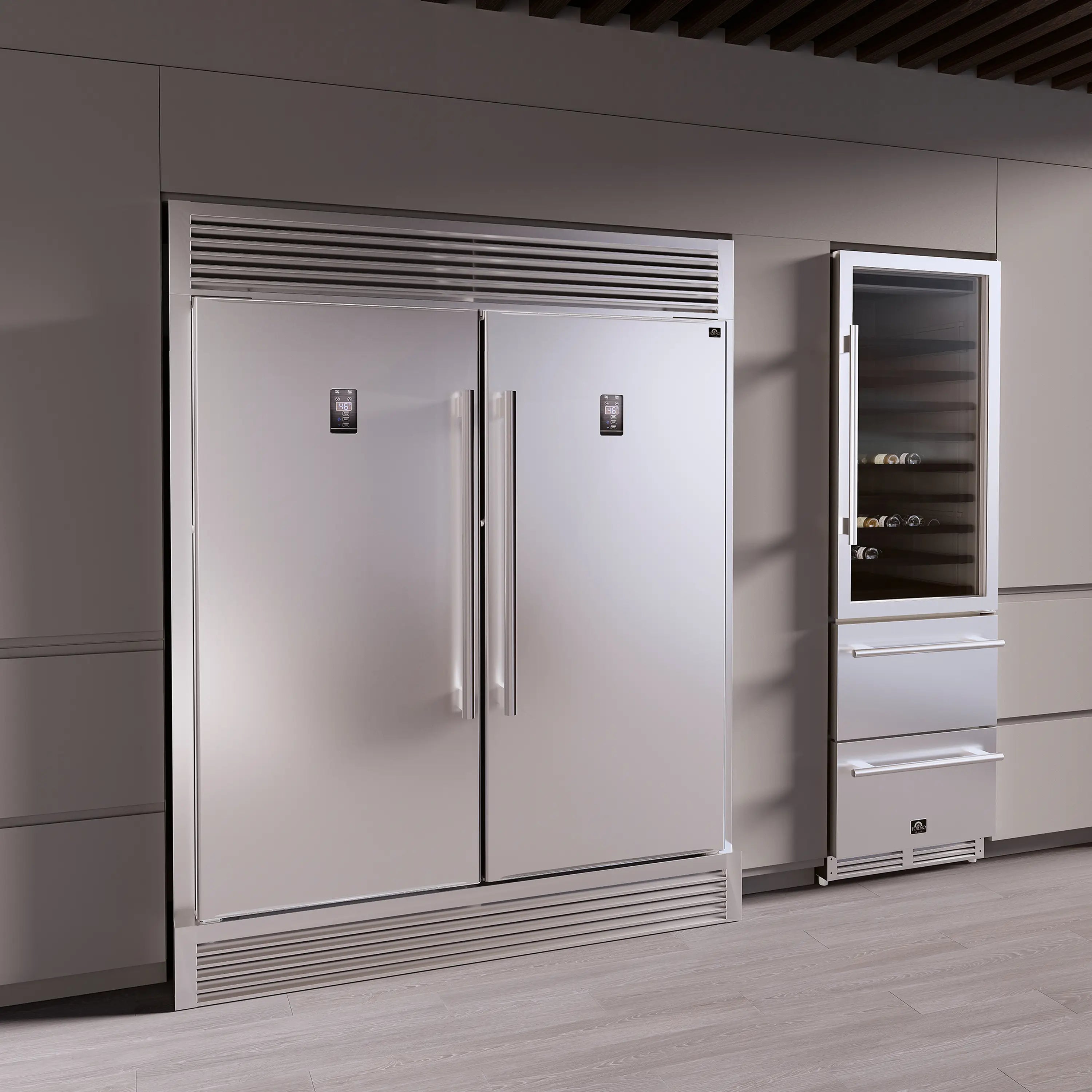 Built-in stainless steel convertible refrigerator/freezer with door open showing interior drawers