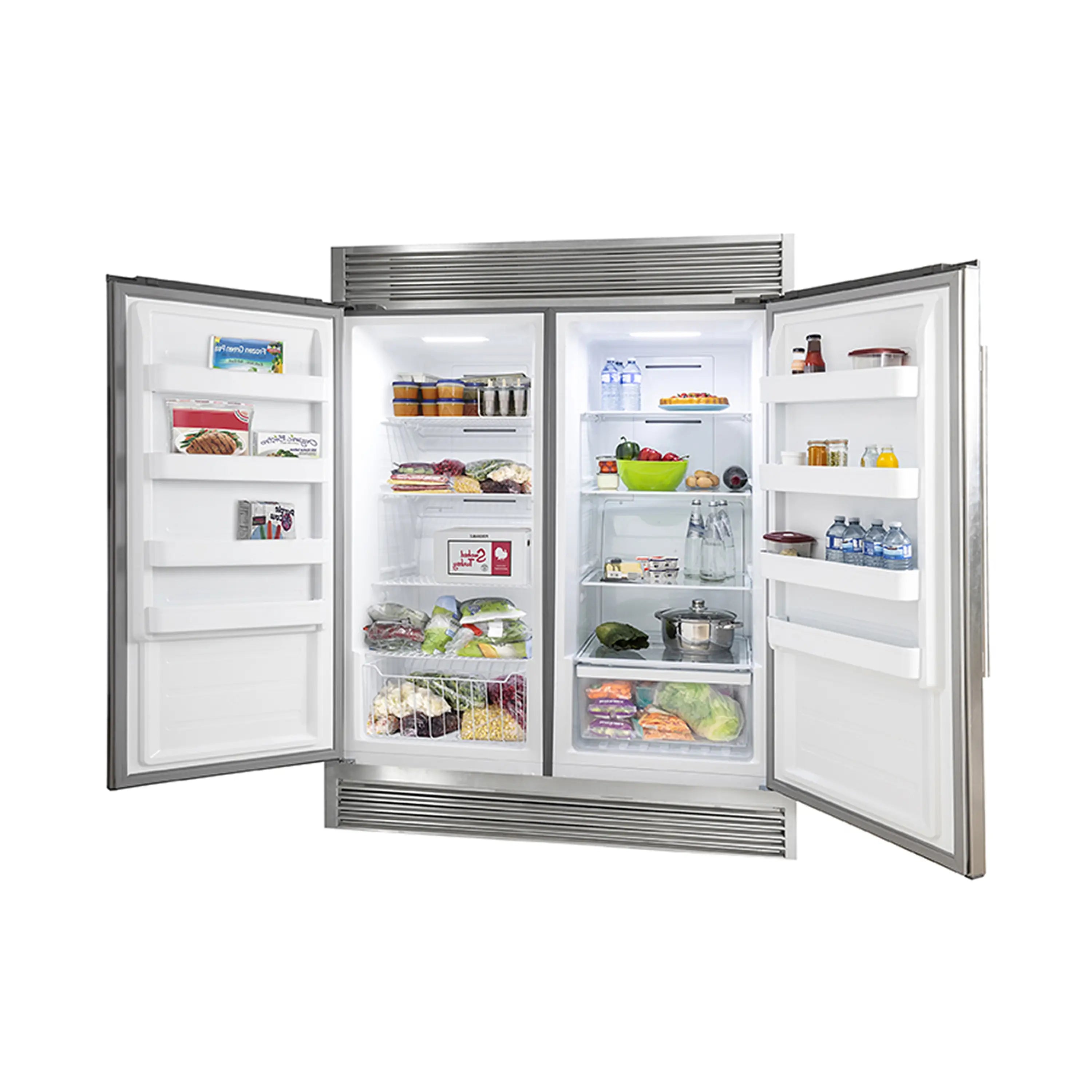 Convertible refrigerator/freezer interior view with shelves, bins, and bottles in compartments