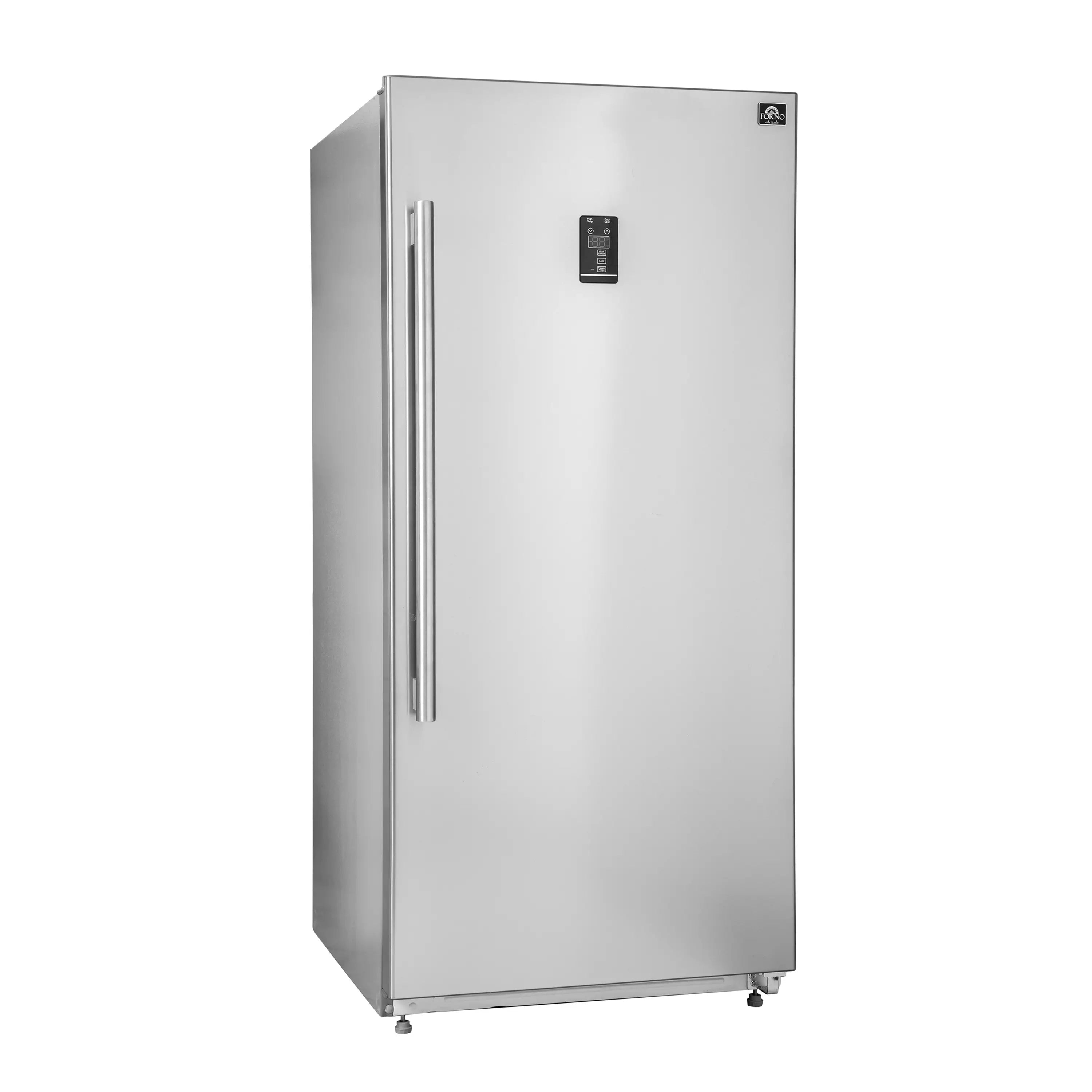 Stainless steel convertible refrigerator/freezer front view with black display and handles