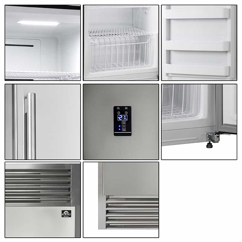 Stainless steel refrigerator-freezer detail collage: control panel, shelving, and bins