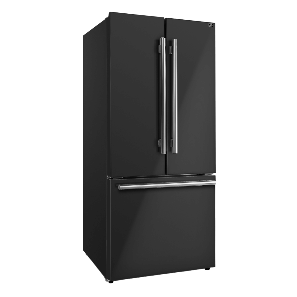 Black French door refrigerator with stainless handles and top-freezer doors closed
