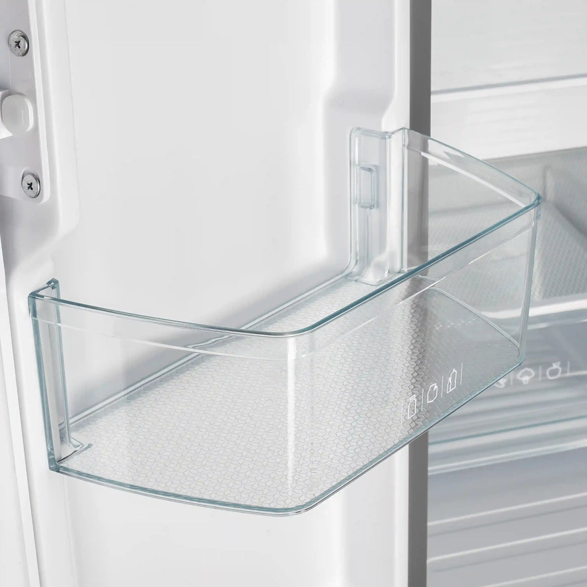 Refrigerator door shelf with clear glass bin and metal frame, adjustable storage.