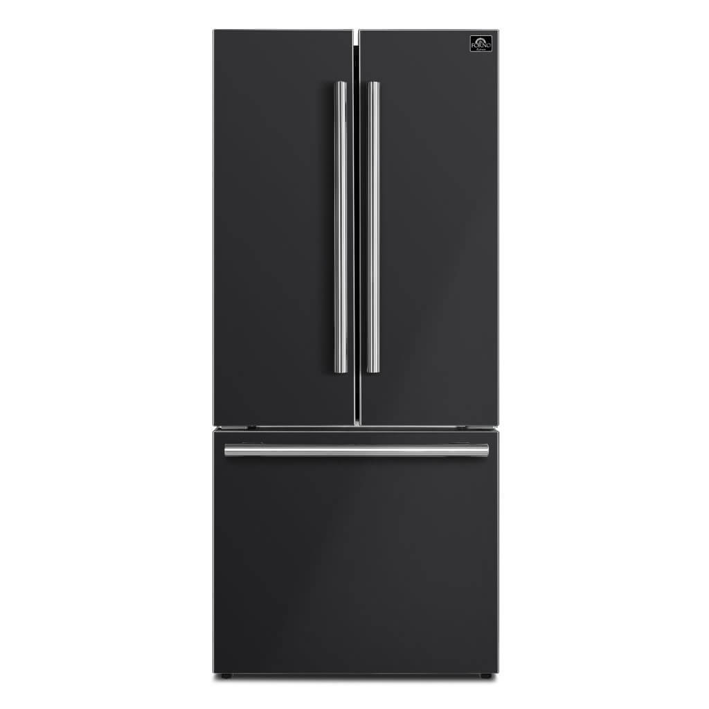Black French door refrigerator front with stainless vertical handles and top freezer