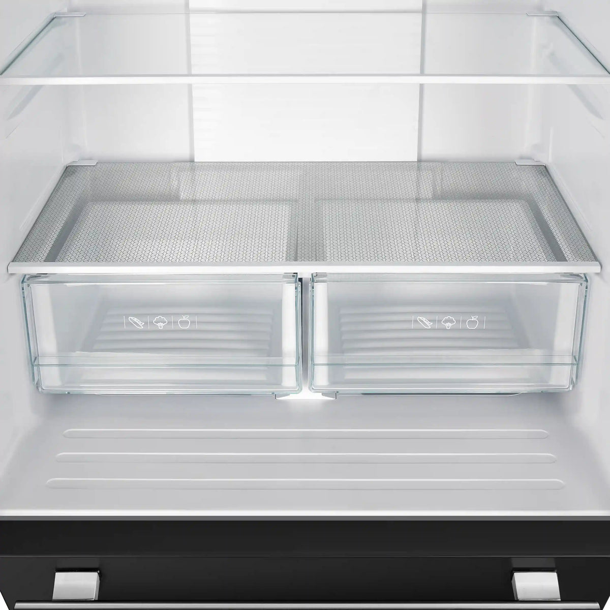 Refrigerator freezer interior with two clear drawers and vented side panels.