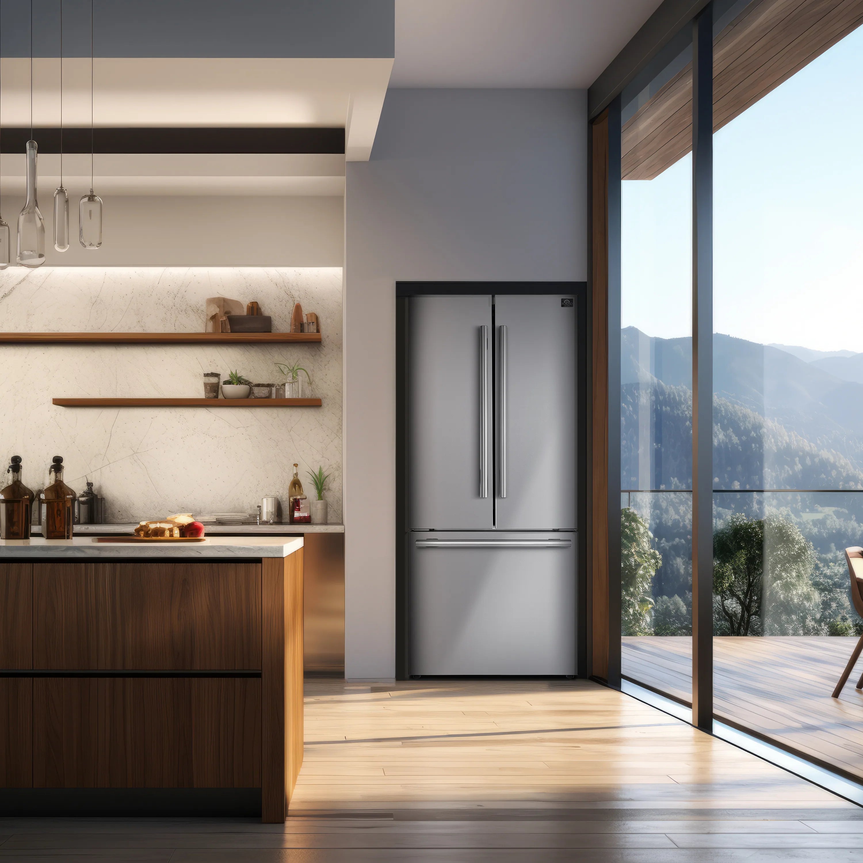 Stainless steel French door refrigerator with vertical handles and top freezer