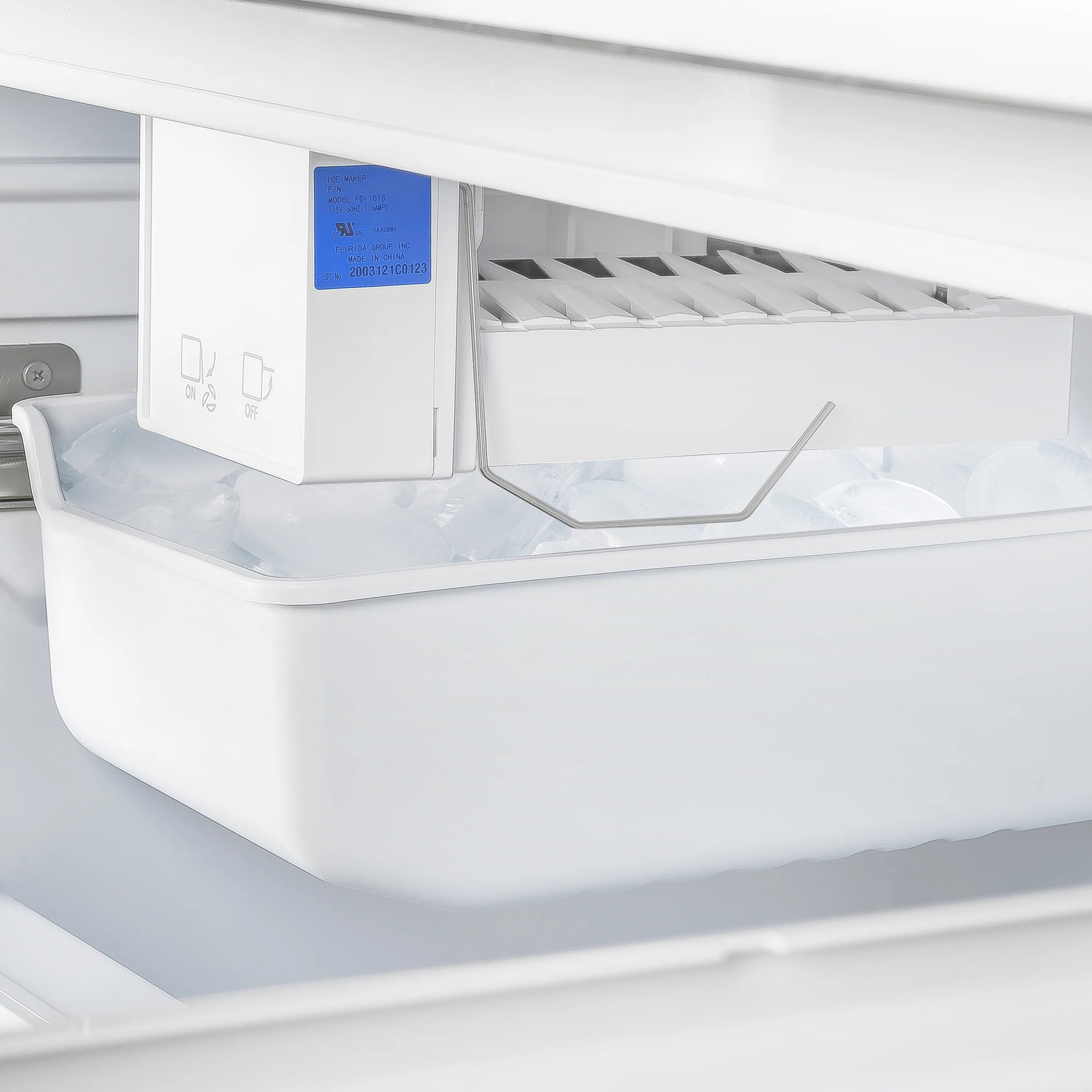 Refrigerator freezer drawer with ice bin and molded ice trays
