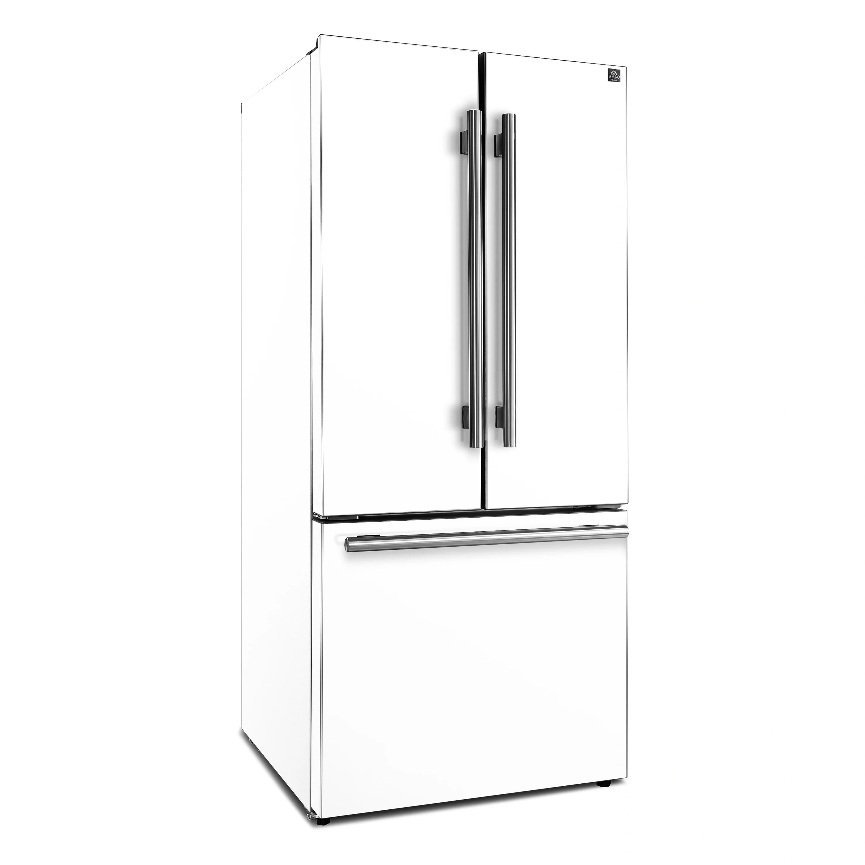 White top-freezer refrigerator with side-by-side double doors and horizontal handle bar.