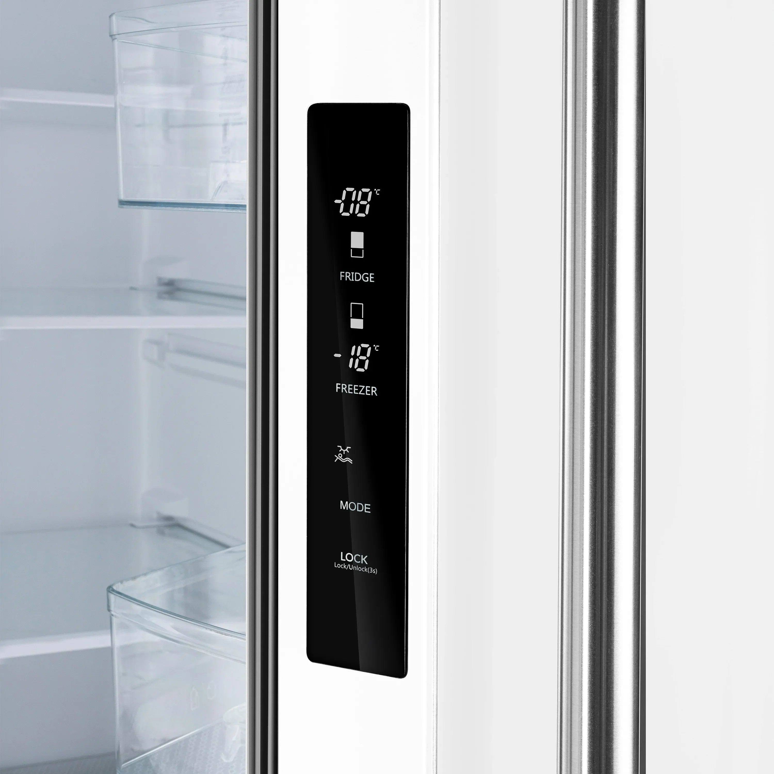 White refrigerator door control panel with LED display for fridge and freezer settings