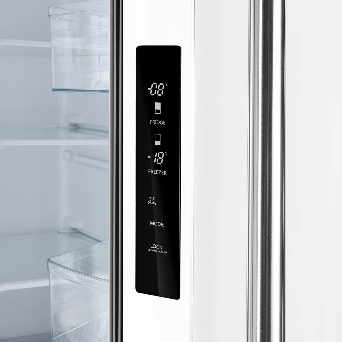 White French door refrigerator control panel with temperature display and buttons