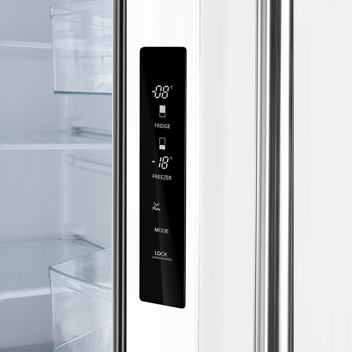 Refrigerator control panel with digital display, buttons, and lock indicators