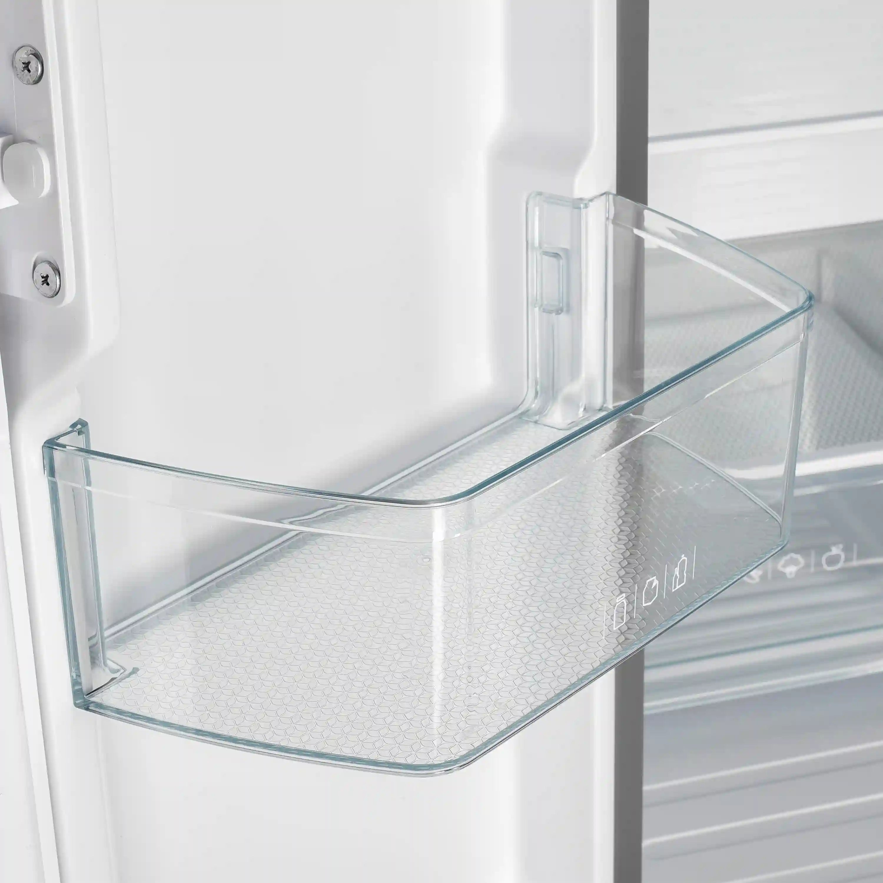 Clear refrigerator door bin with textured insert and adjustable divider