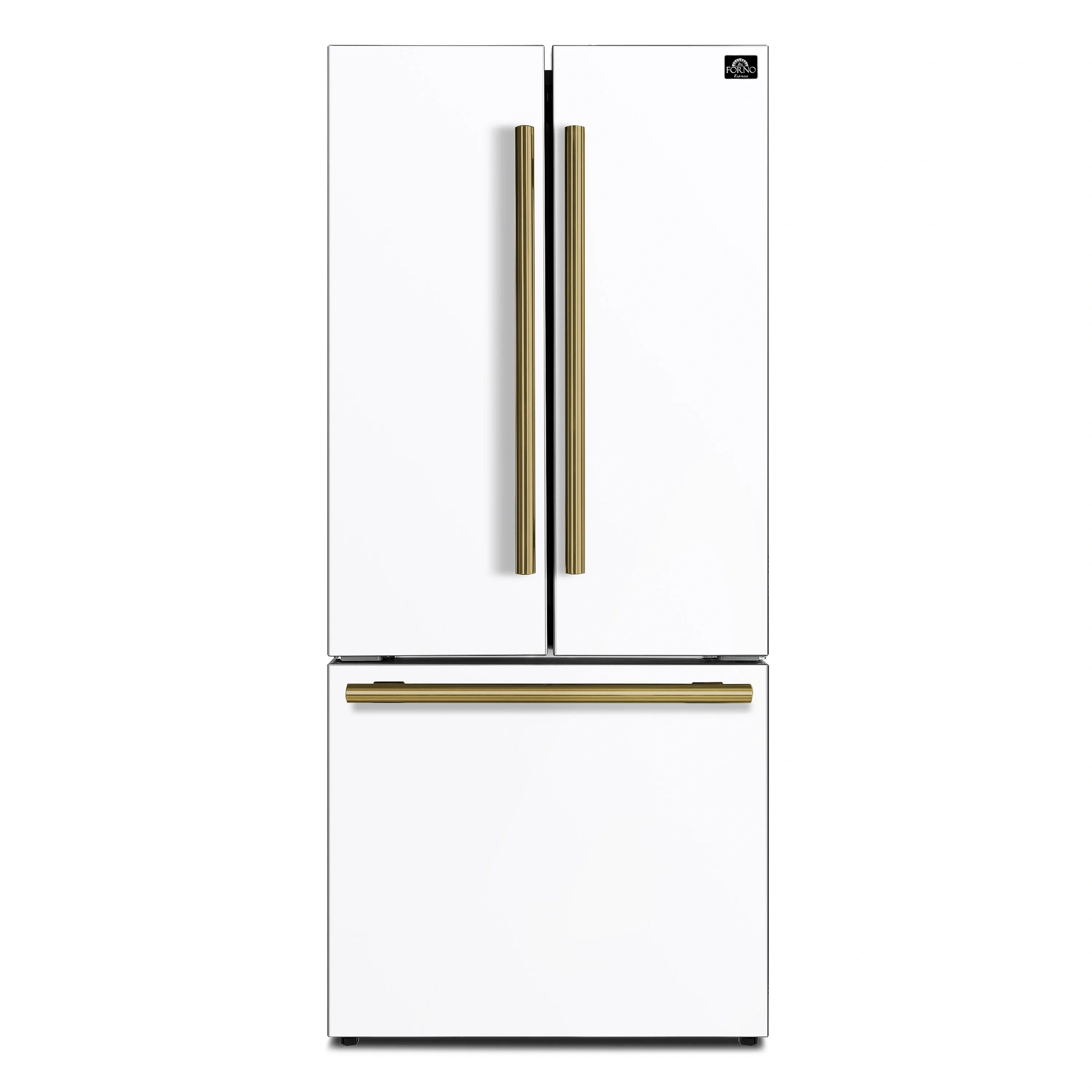 White 30-inch refrigerator with two vertical antique brass handles and top freezer door