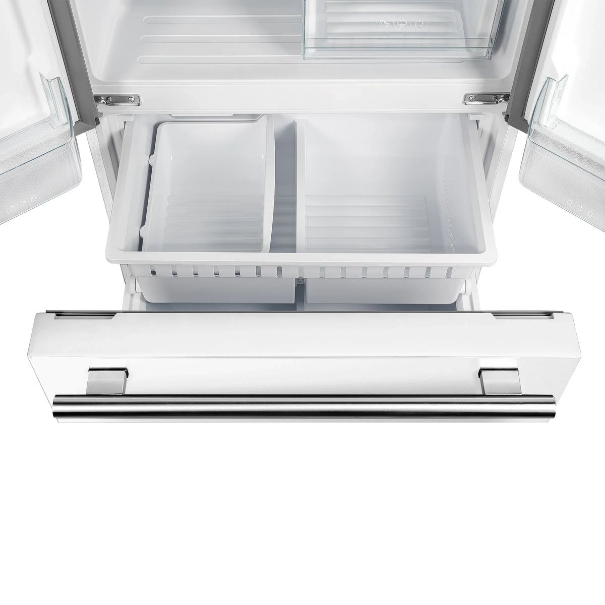 White freezer drawer open below refrigerator, with glass panel and divider.
