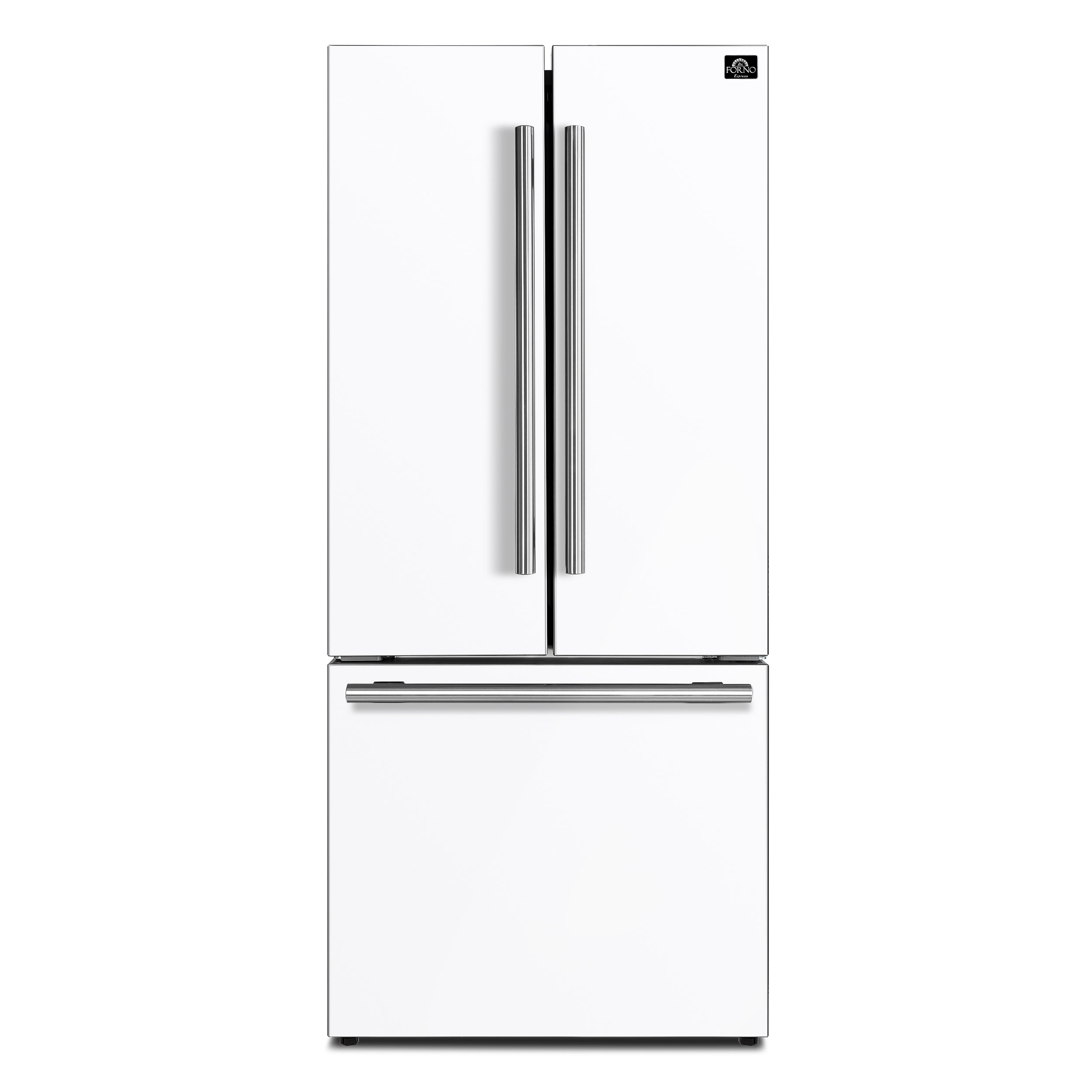 White French door refrigerator with stainless steel handles and bottom freezer door