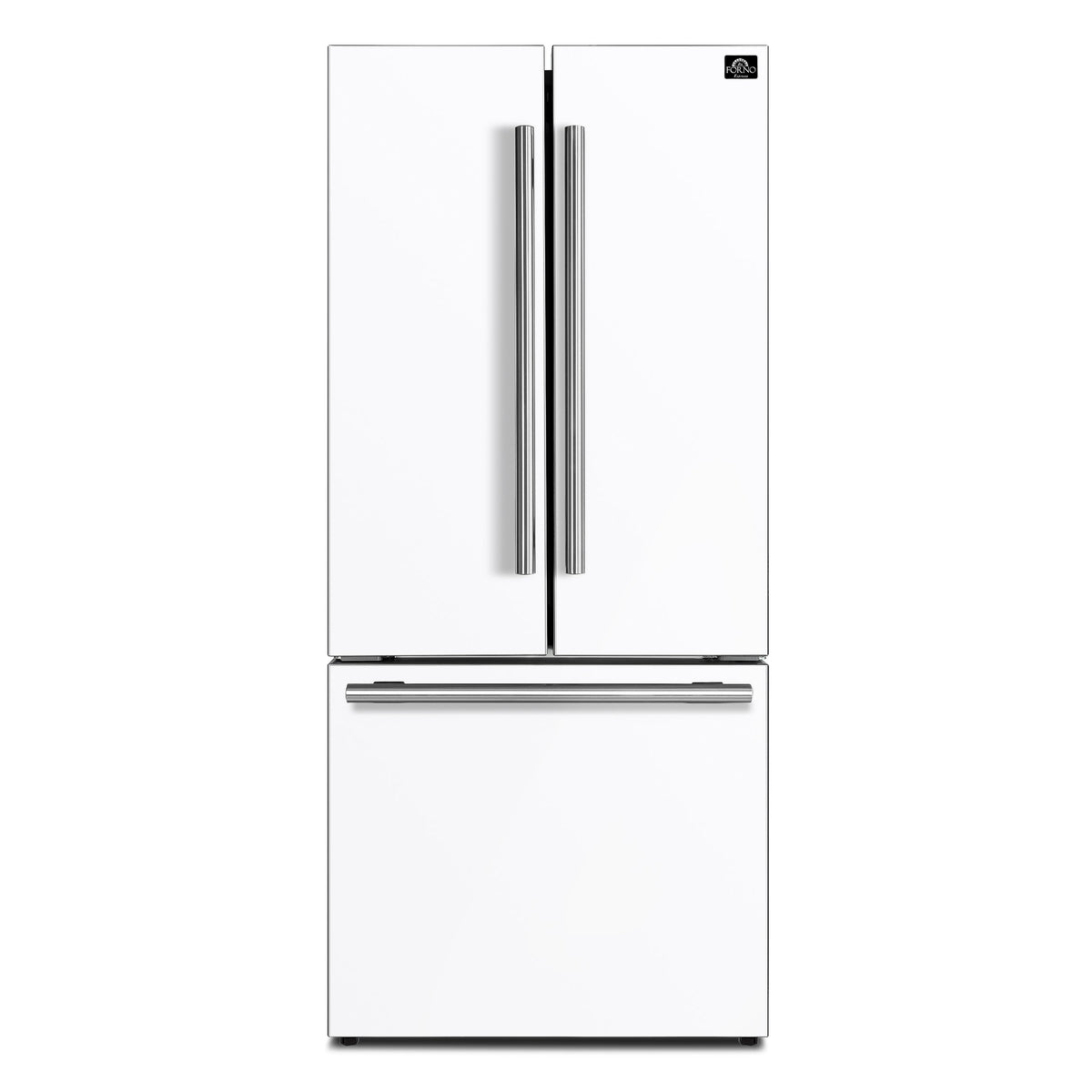 White refrigerator with stainless side-by-side handles and top freezer door
