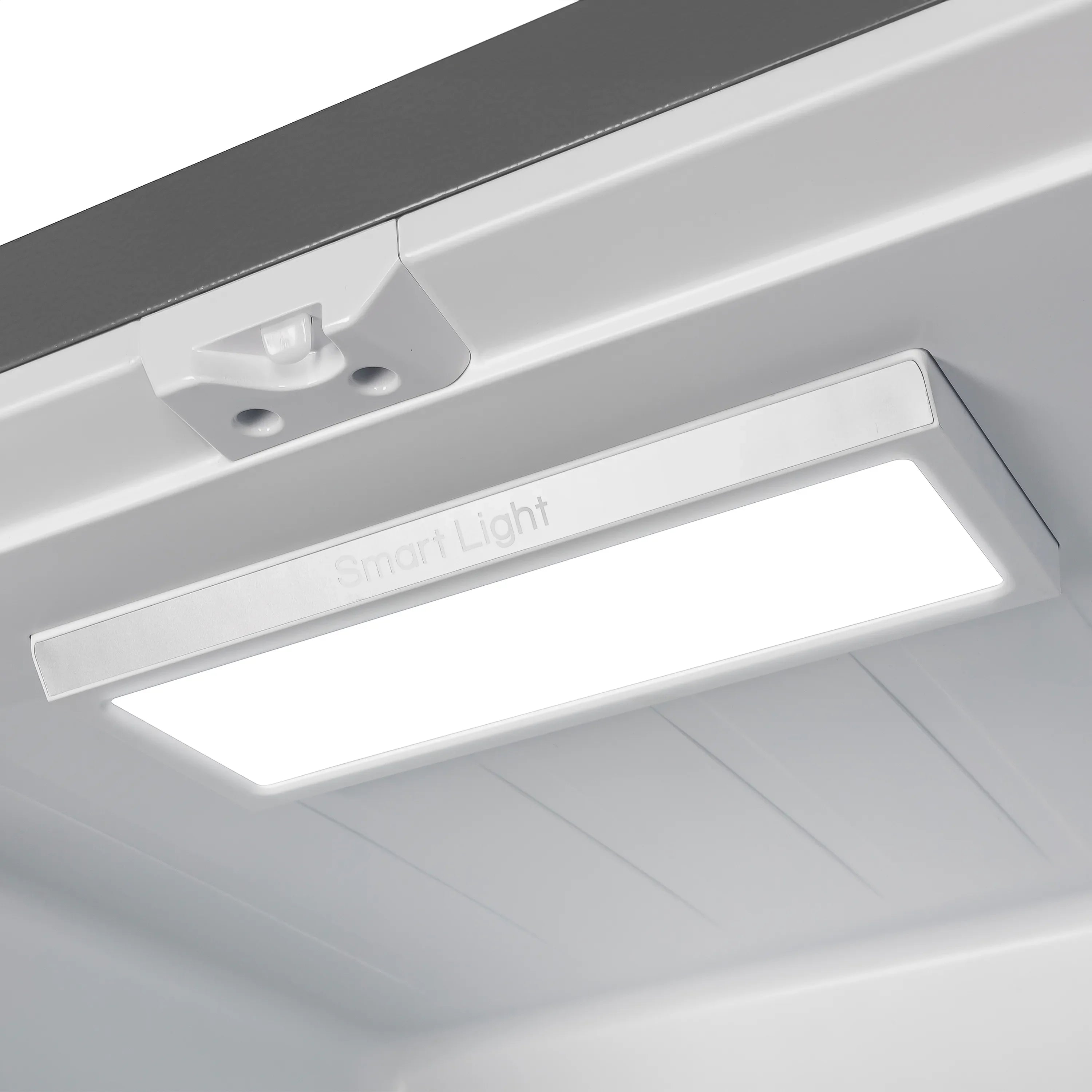 White refrigerator ceiling light cover labeled "smart light"