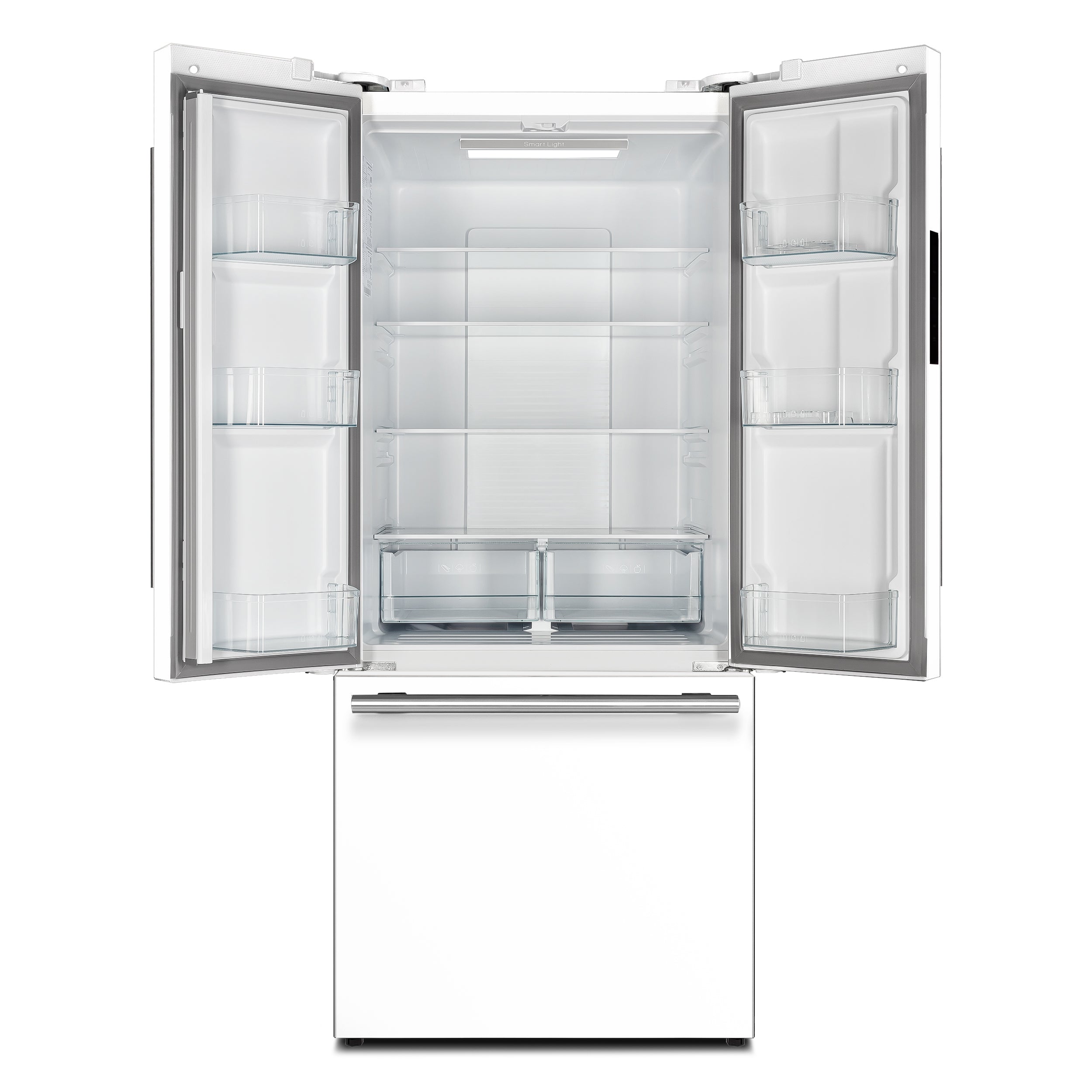 Open white French door refrigerator with glass shelves and door bins