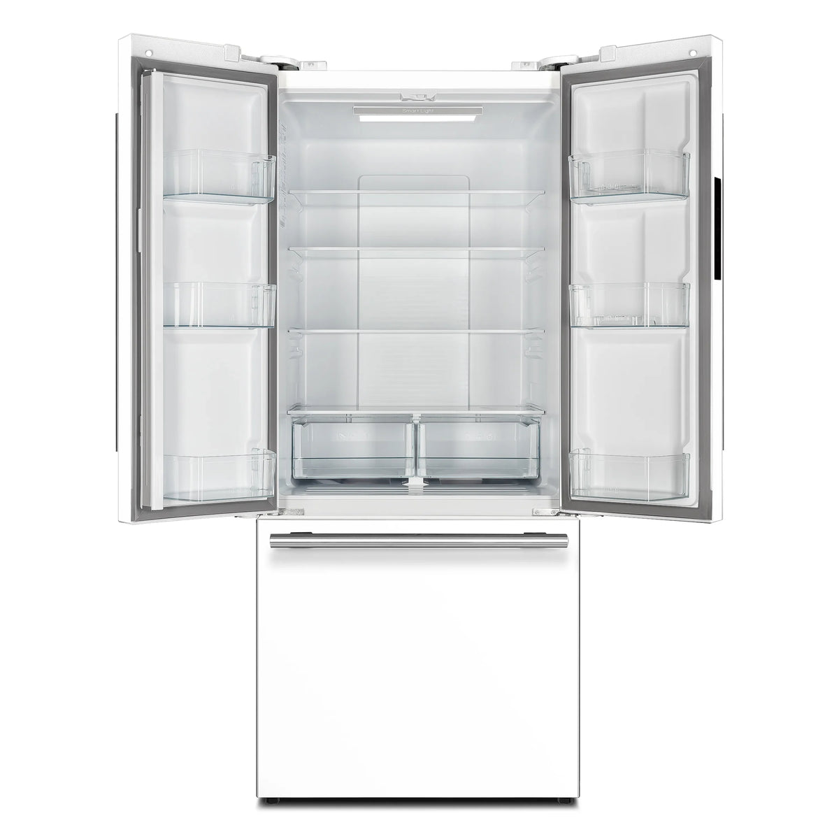 White refrigerator with both doors open showing interior shelves and bins