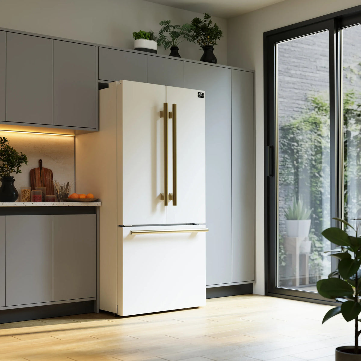 White French door refrigerator with antique brass handles in a modern kitchen setting