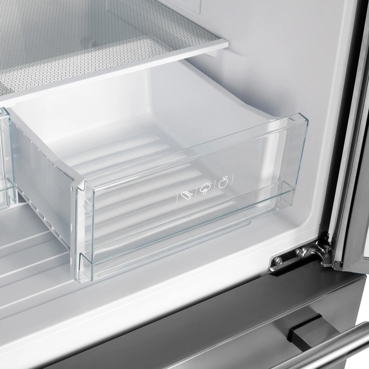 Refrigerator interior door bin with clear shelves and stainless interior trim