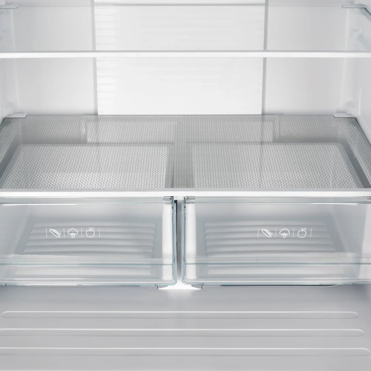Refrigerator freezer door with two clear compartments and textured rack liners