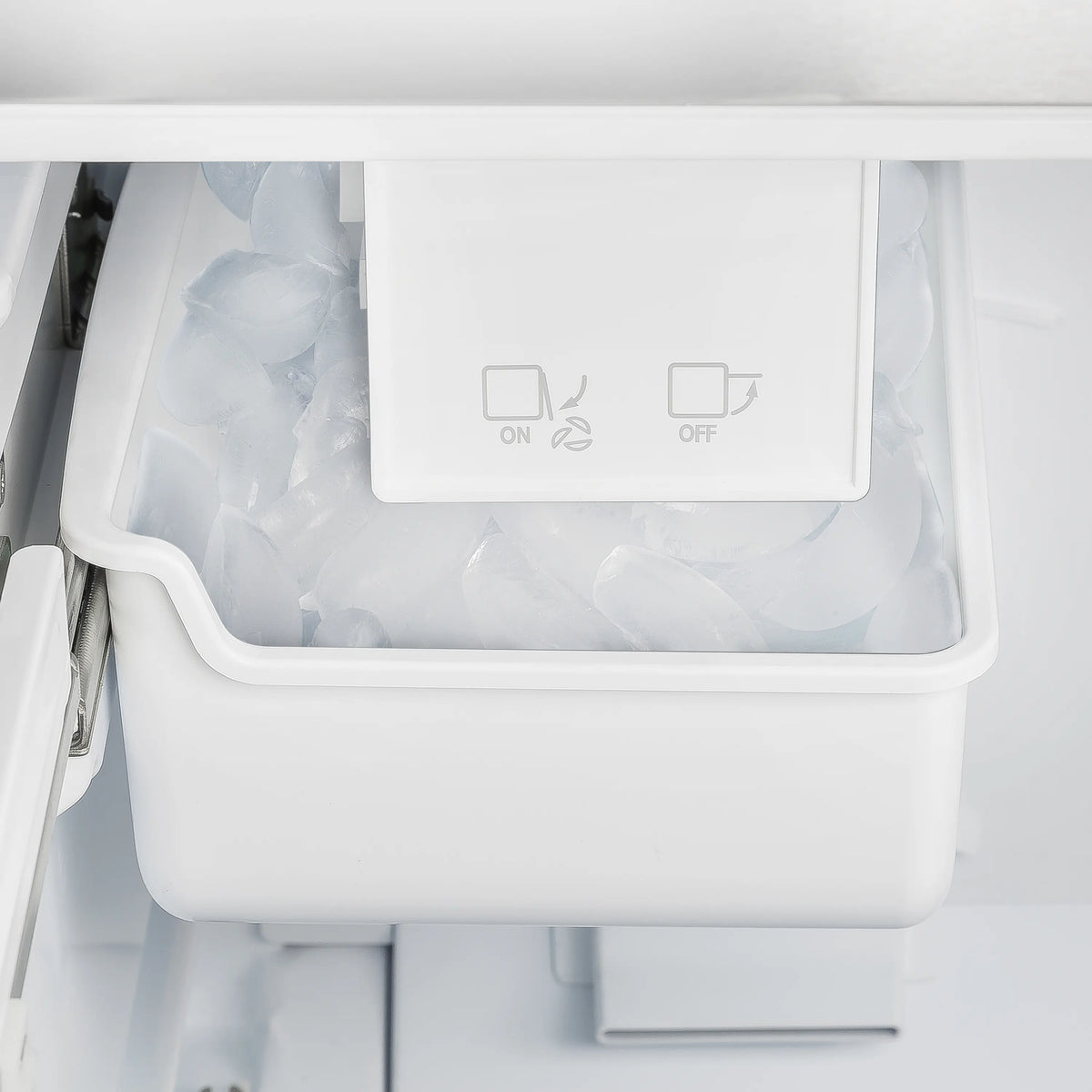 Freezer ice bucket with control panel showing on/off icons
