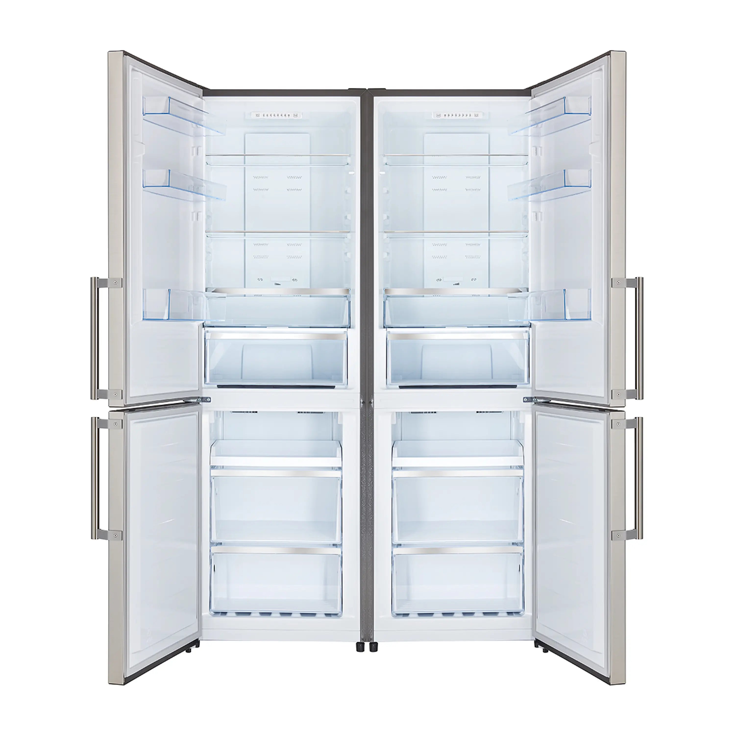 Stainless steel refrigerator with both doors open, showing interior shelves and drawers