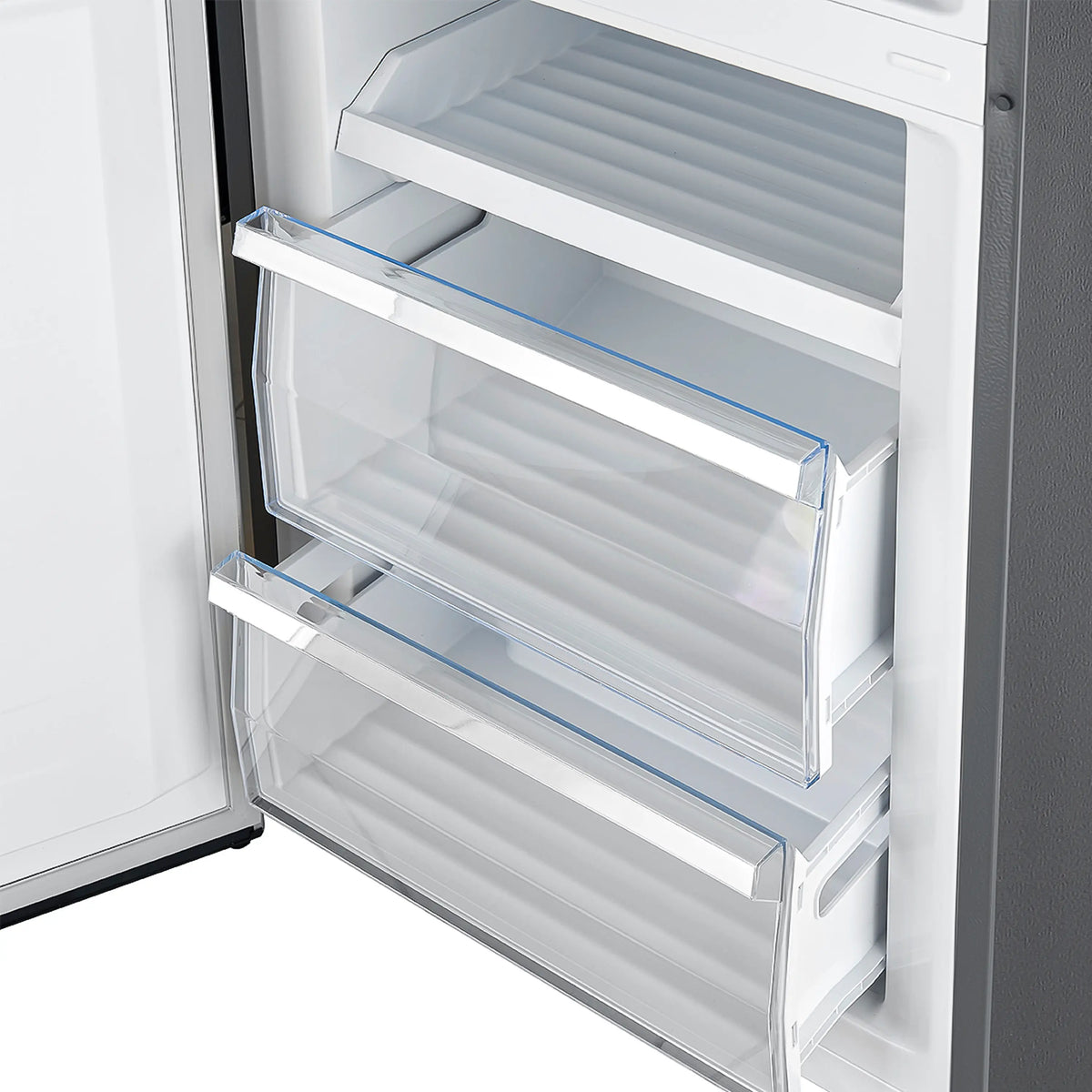 Refrigerator door interior showing clear bins and sliding rail with stainless frame