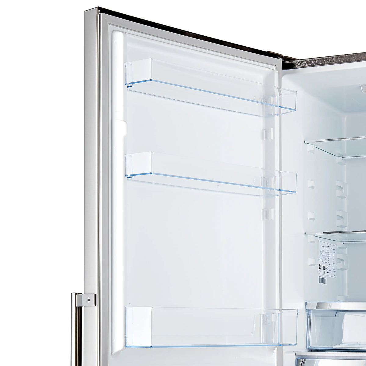 Stainless steel refrigerator door open with interior shelves and clear door bins