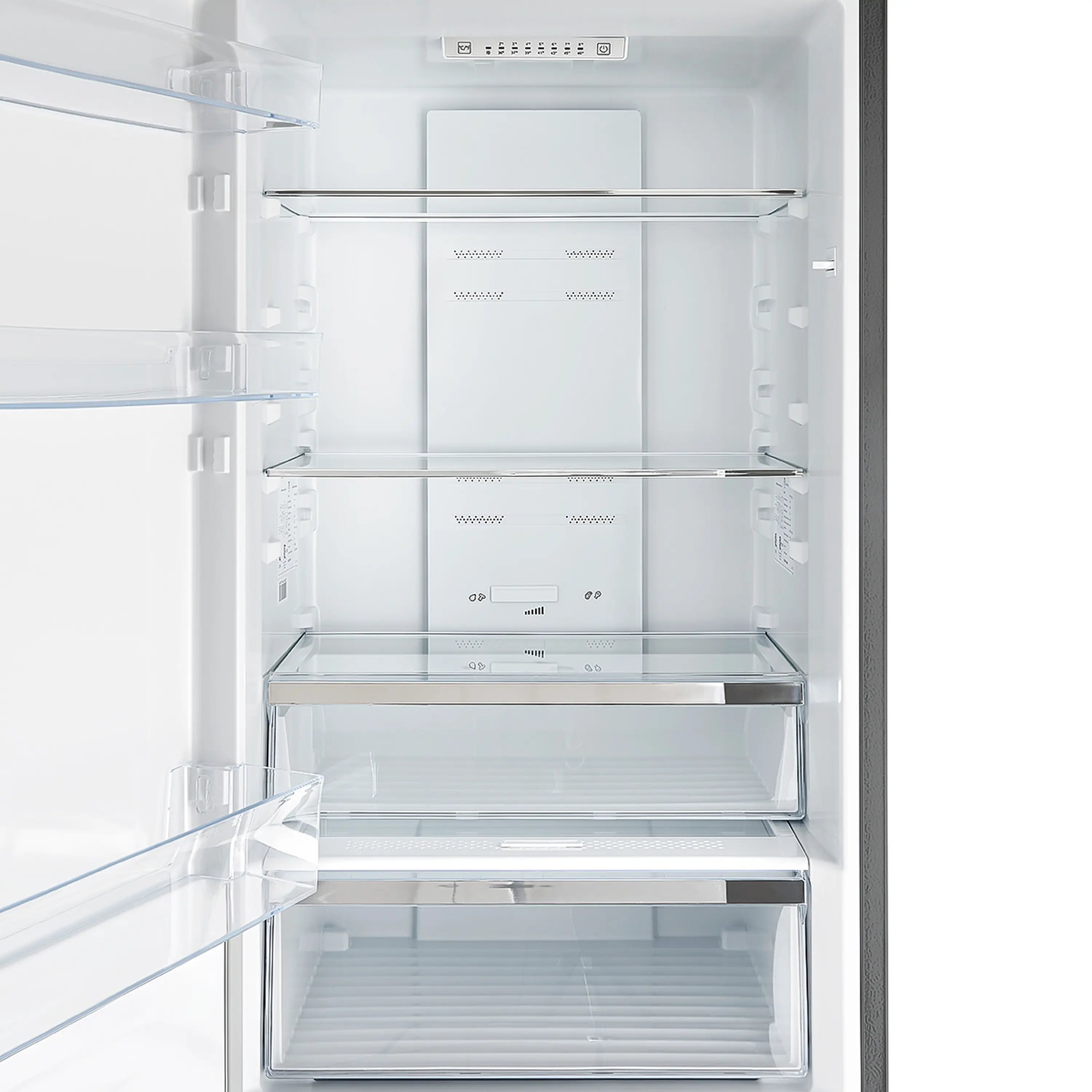 Side-by-side refrigerator freezer interior showing upper shelves and lower crisper drawers