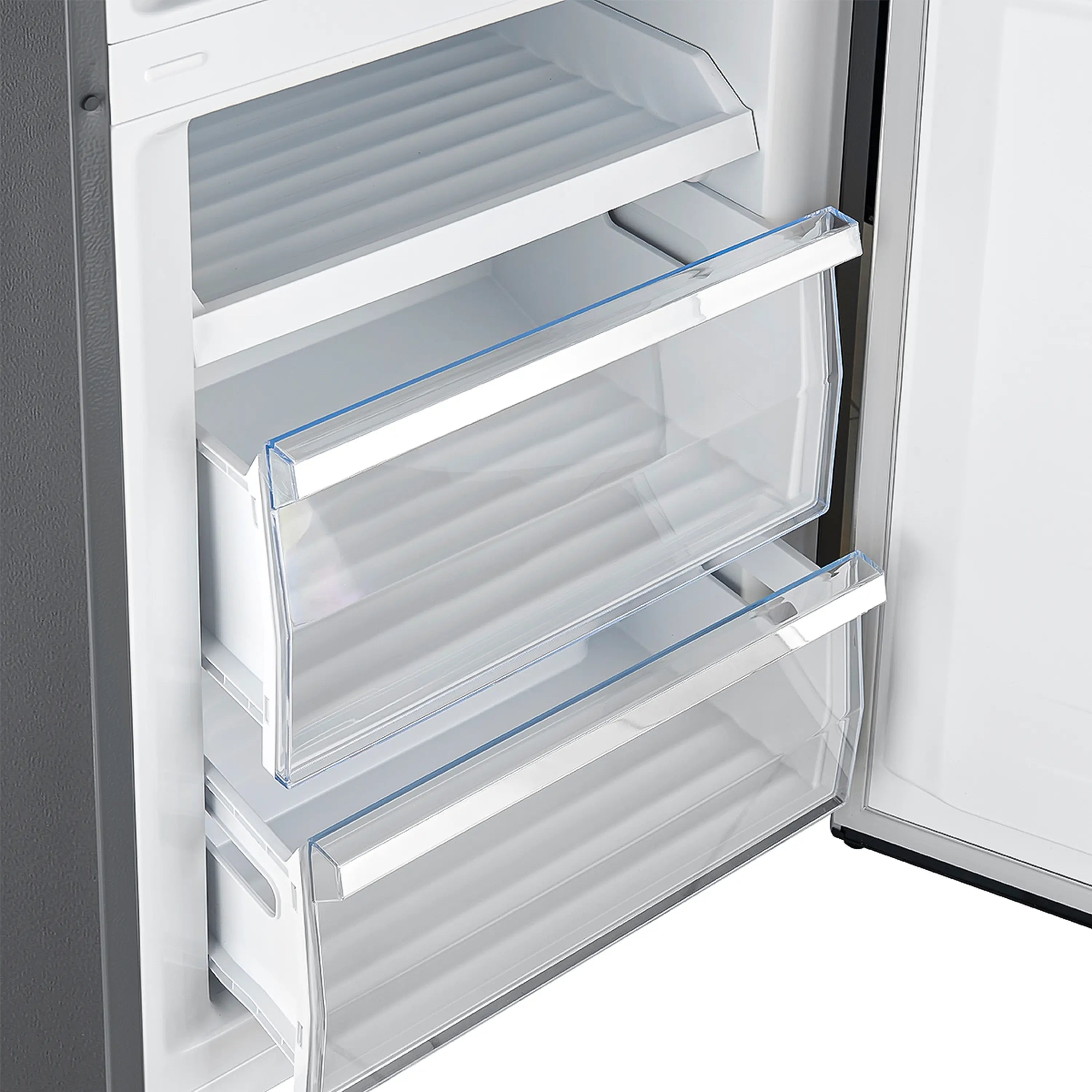 Refrigerator door with clear bins and blue-tinted shelf edges inside stainless steel