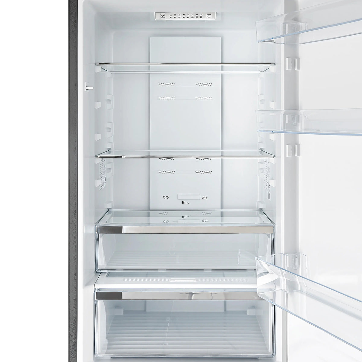 Stainless steel refrigerator interior with glass shelves, door bins, and crisper drawers