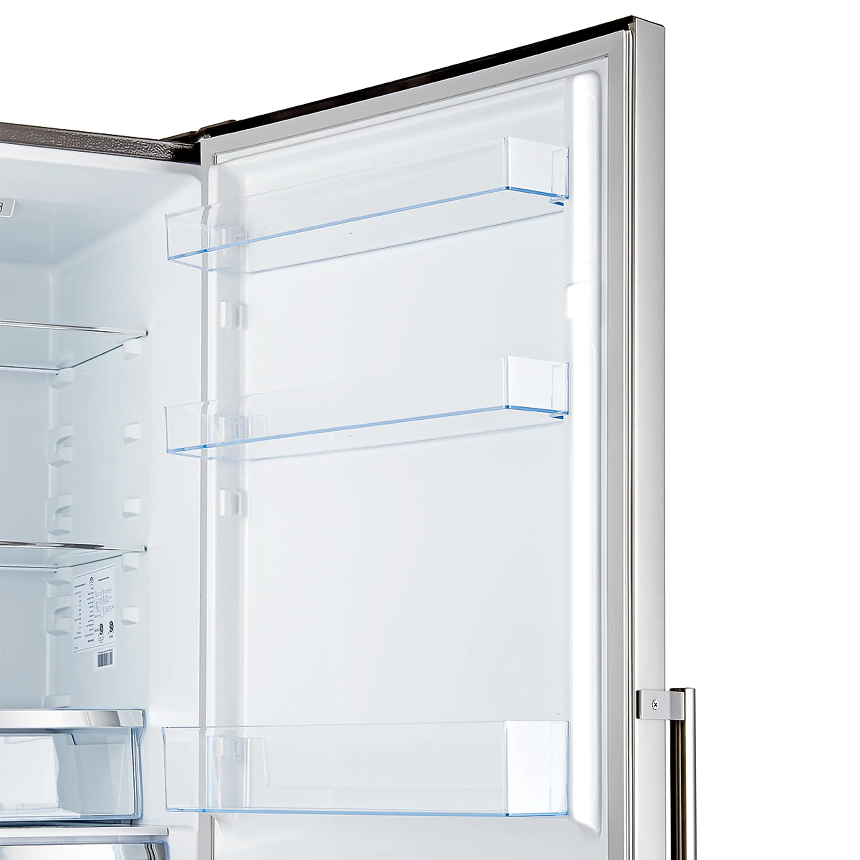Stainless steel refrigerator interior with door bins and multi-level glass shelves