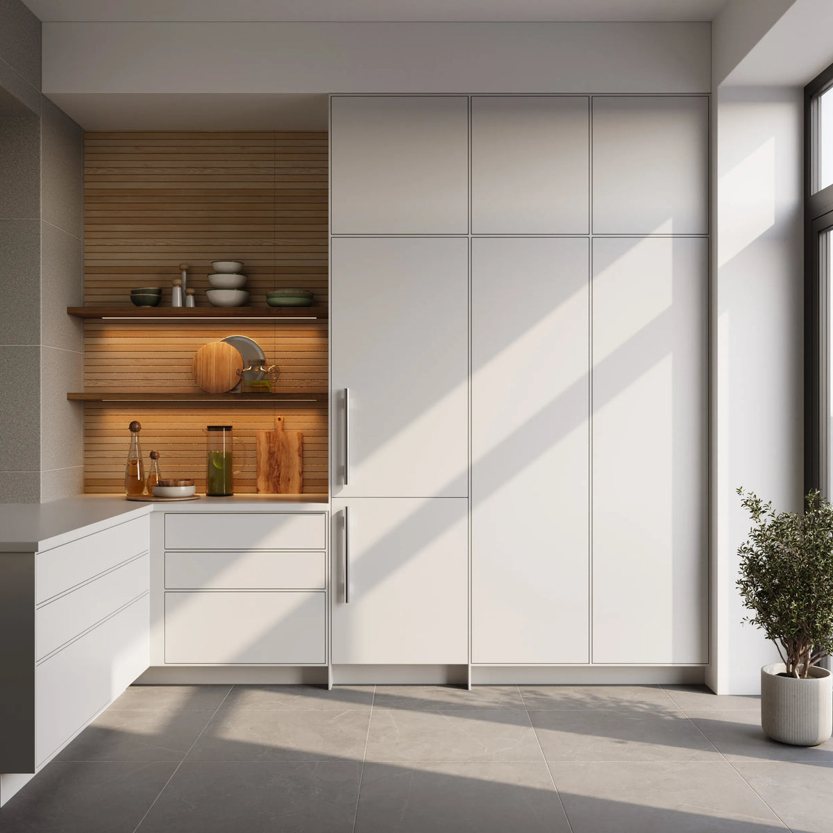 Forno Rivestito Built-In 22-Inch 8.6 Cu. Ft. Refrigerator with  Bottom Freezer in Panel Ready, Total No Frost, Fast Cool & Fast Freeze shown in a styled kitchen