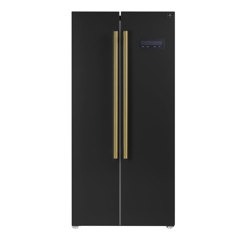 Forno 3-Piece Appliance Package - 30-Inch Gas Range, Under Cabinet Range Hood, and Refrigerator in Black with Antique Brass Trim