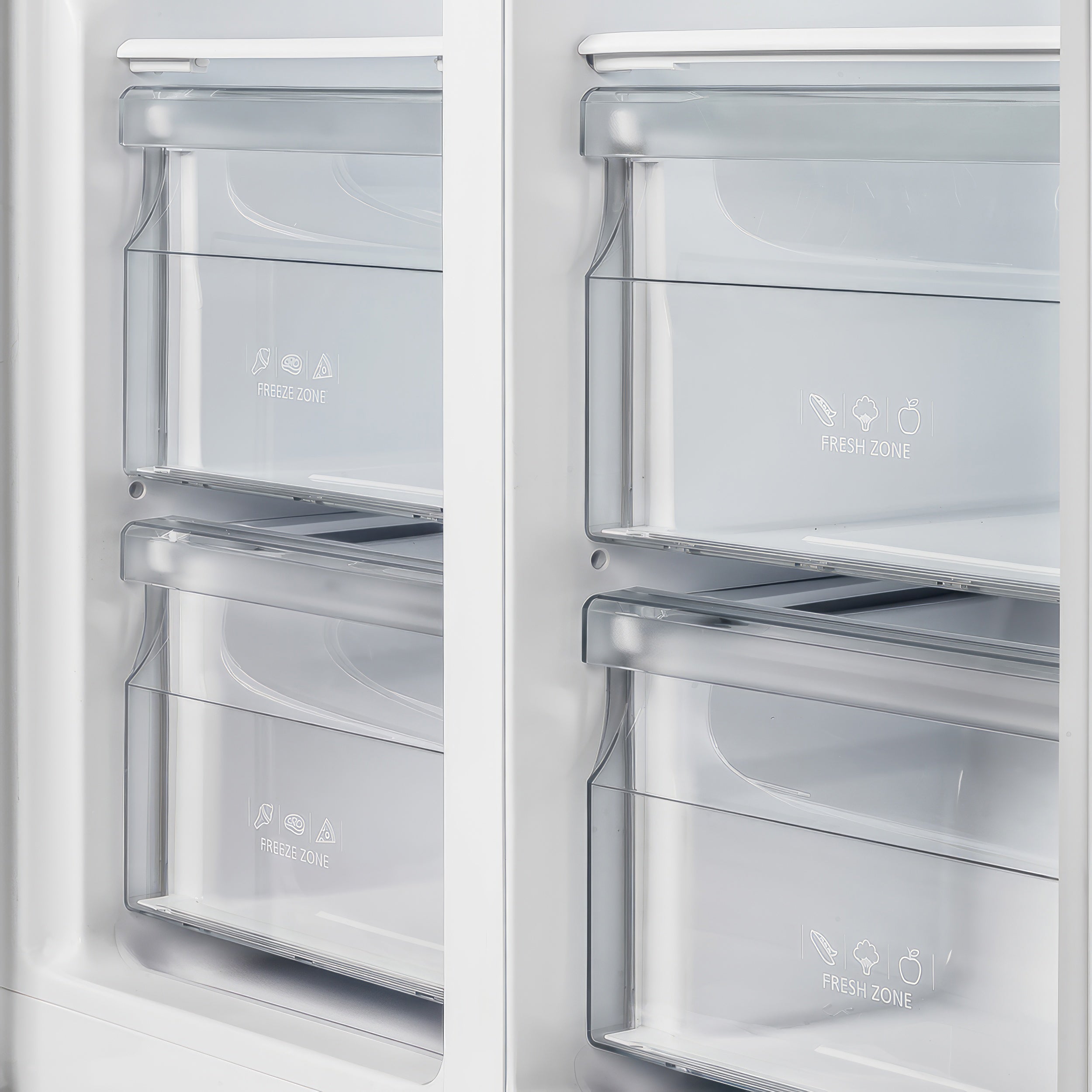 Refrigerator door compartments with clear bins and FreshZone labeled shelves