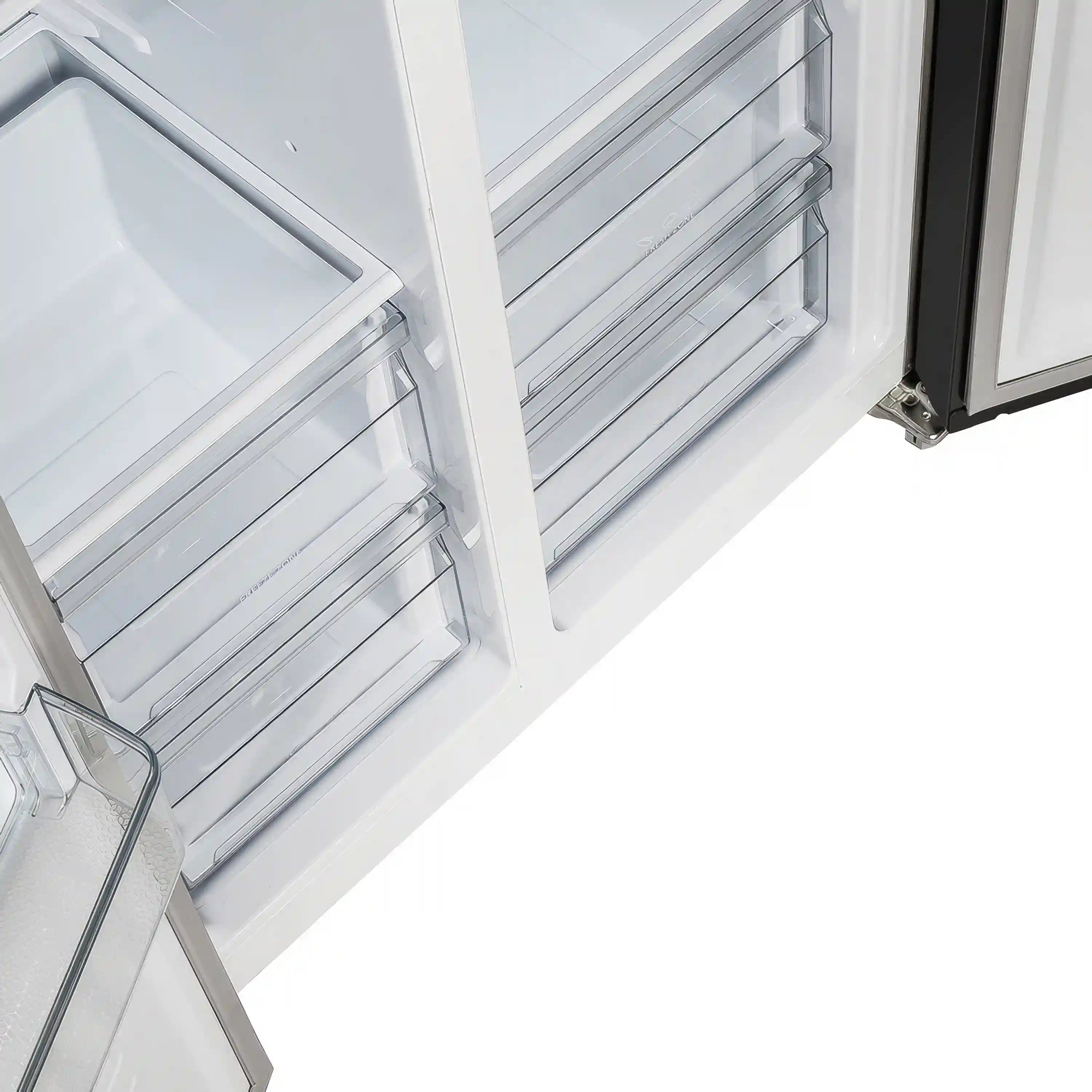 Refrigerator door open showing adjustable glass shelves and interior light