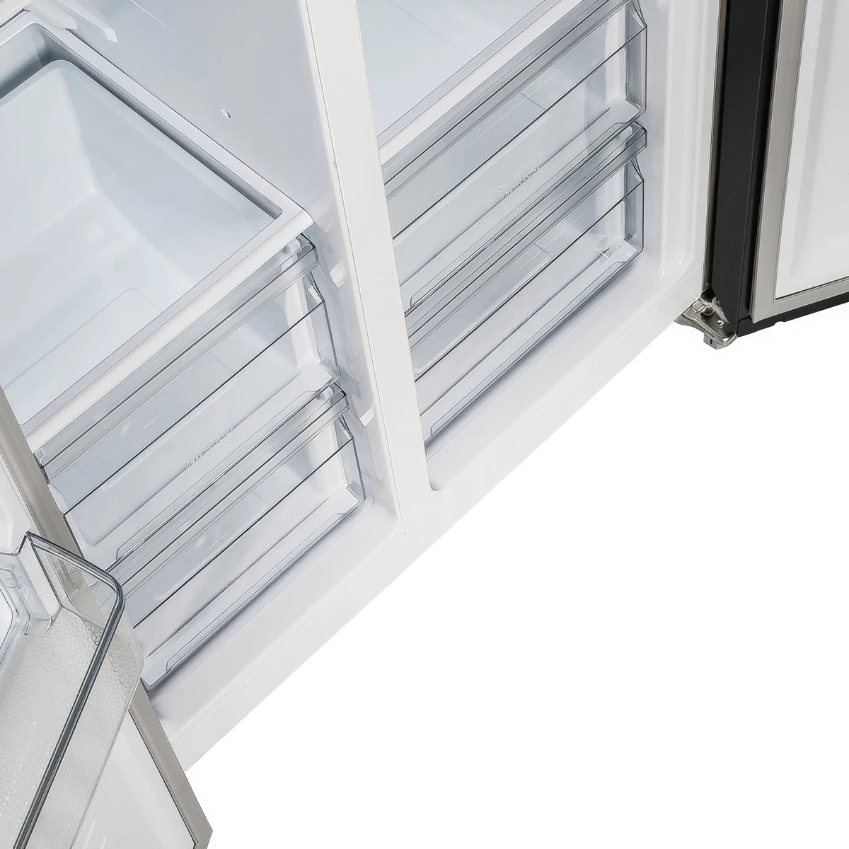 Refrigerator freezer interior with sliding shelves and clear storage bins